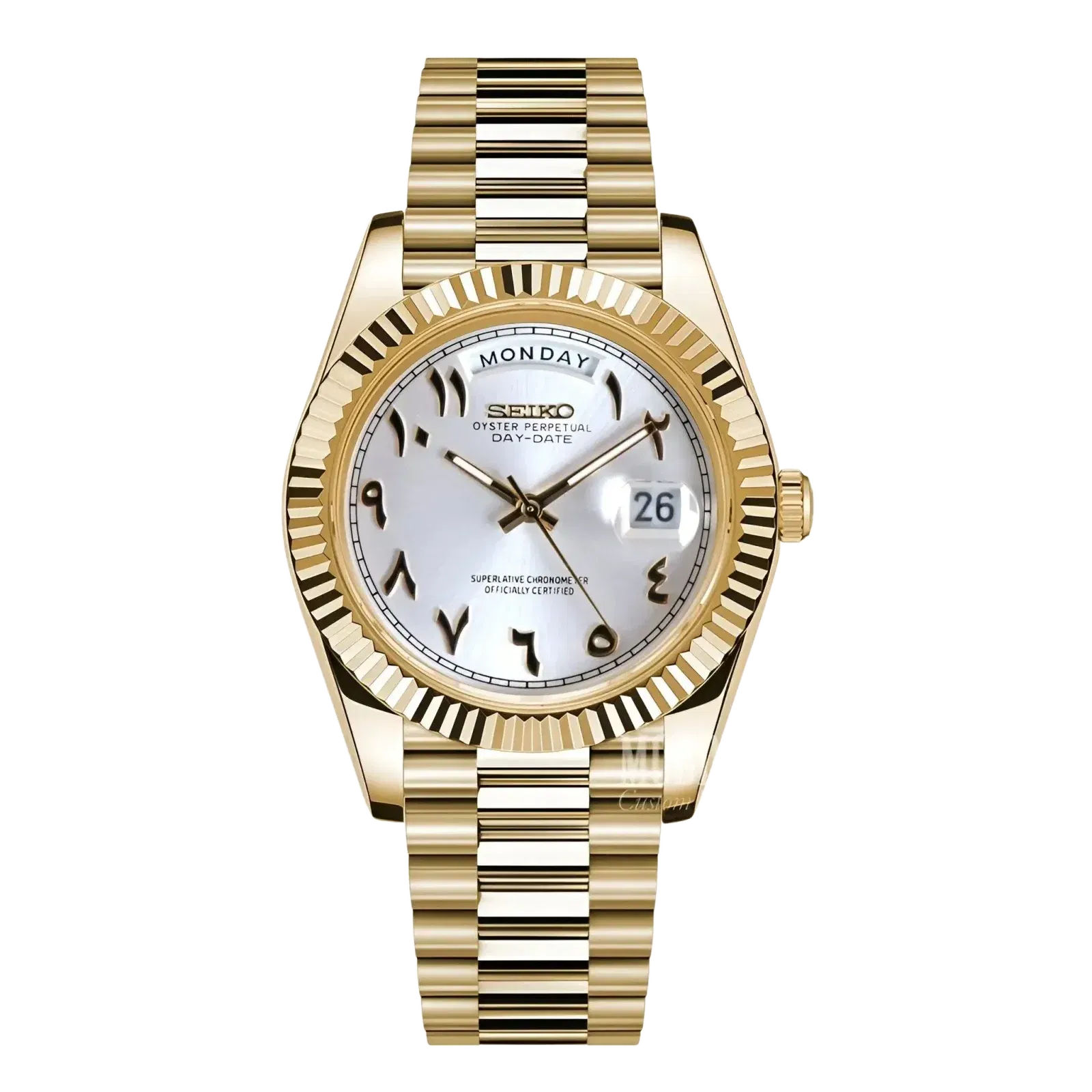 Seiko Mod Datejust Daydate Yellow Gold White Arabic