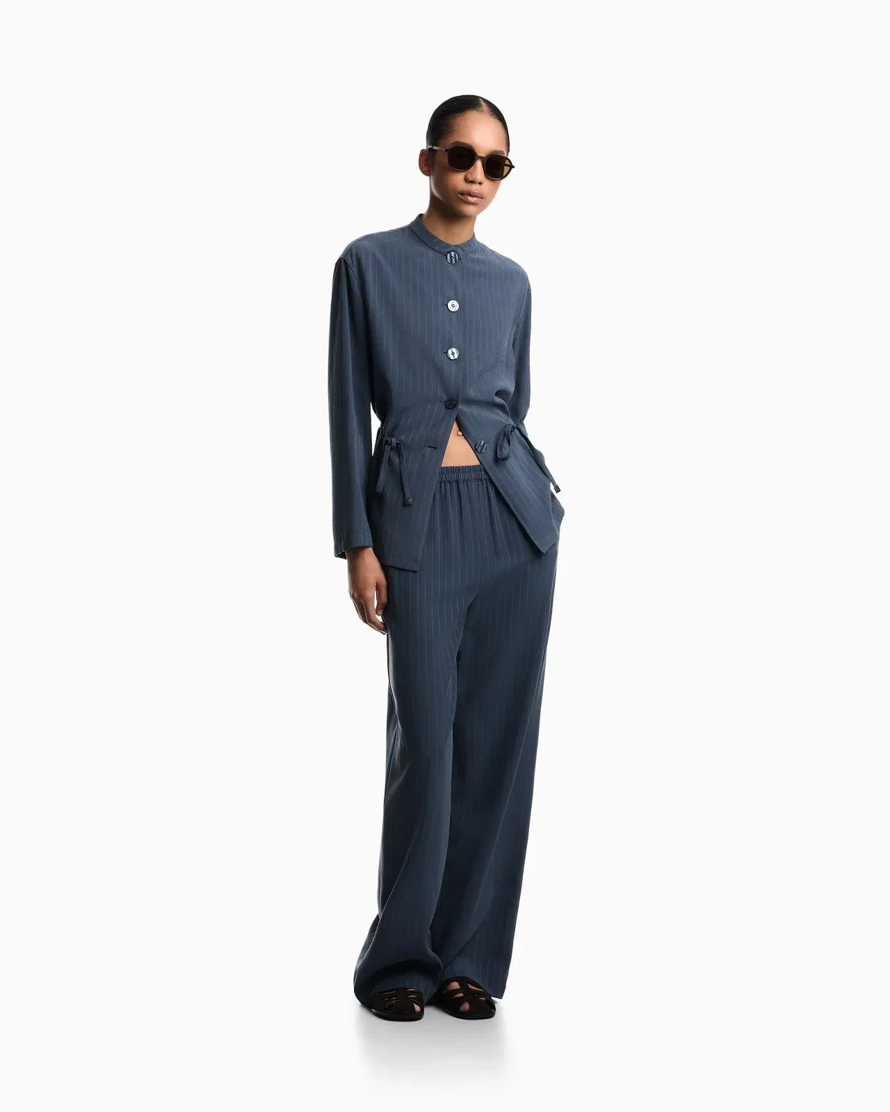 Emporio Armani Pinstriped fluid fabric guru-collar jacket