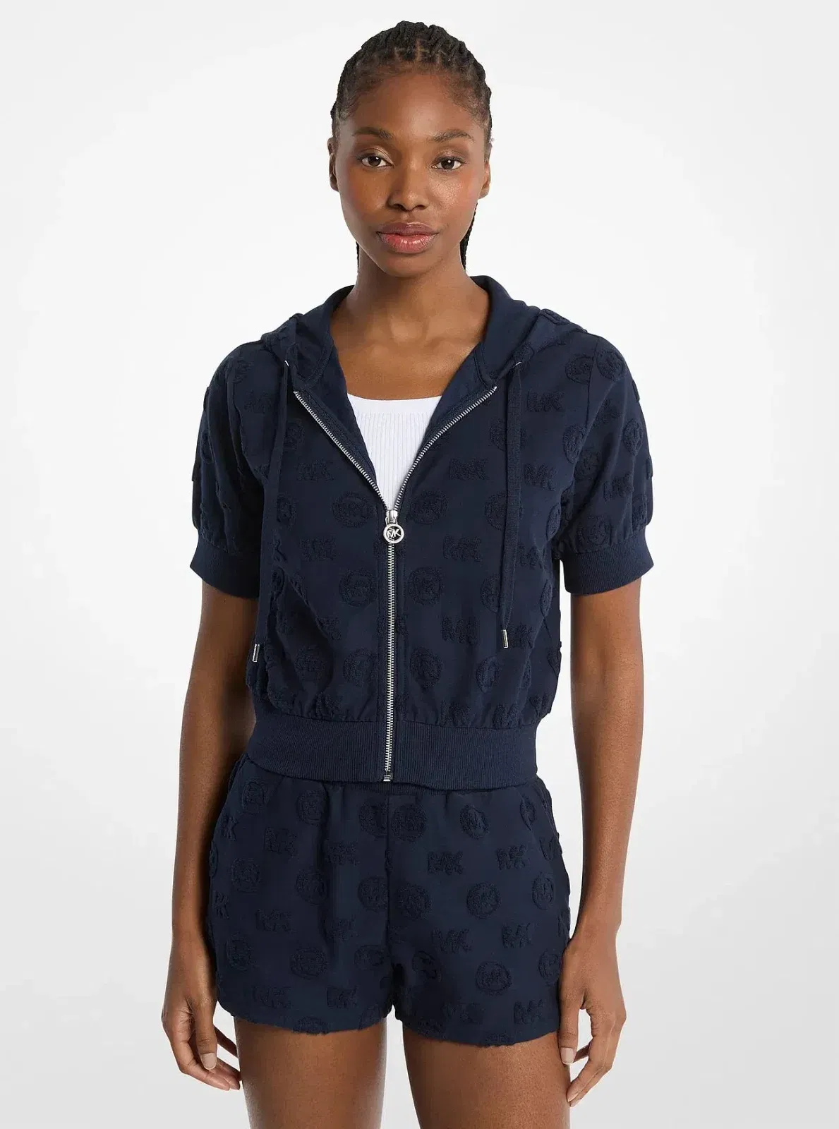 Michael Kors Logo Jacquard Terry Short-Sleeve Jacket MIDNIGHTBLUE