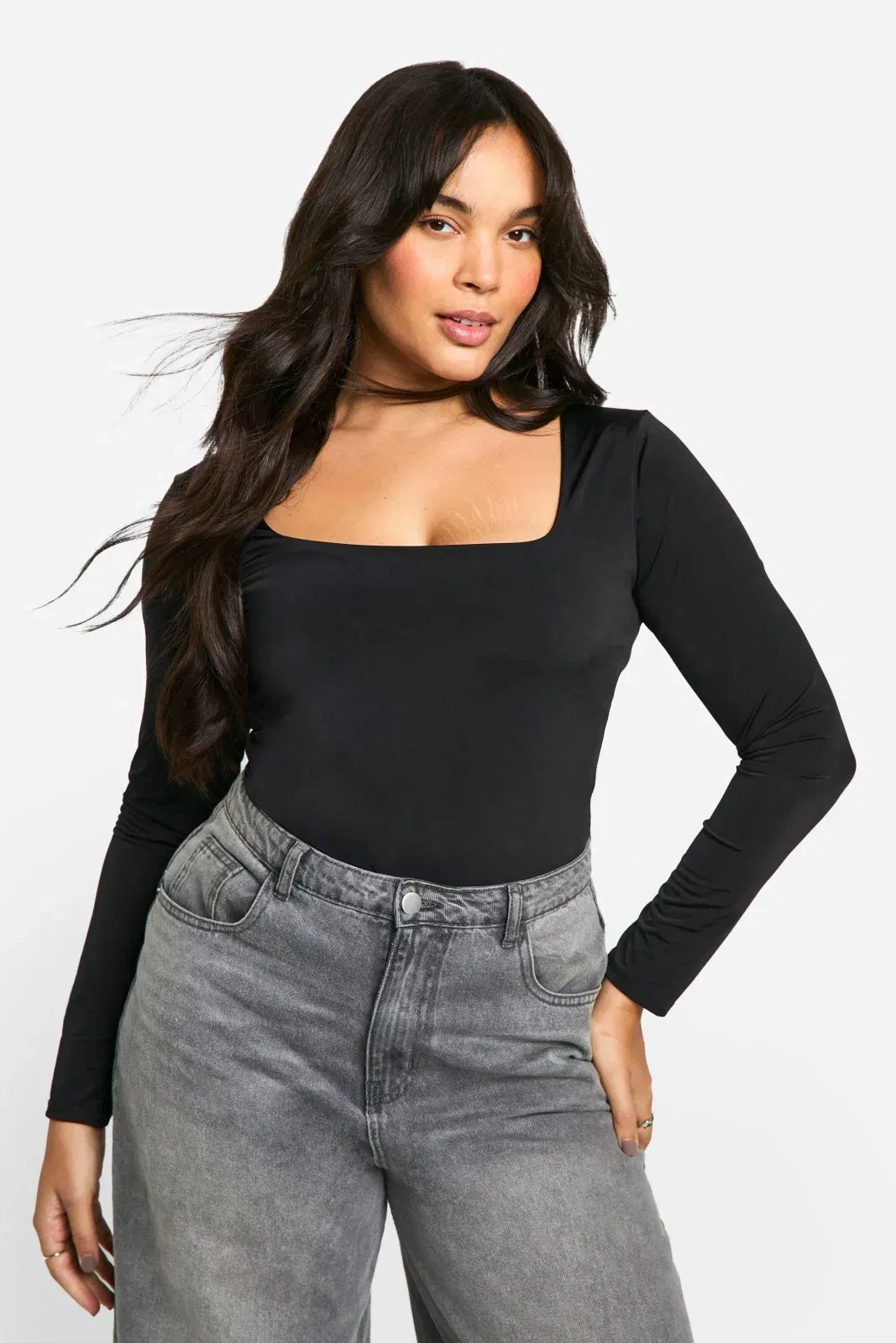 Boohoo Basics Plus Double Layer Slinky Square Neck Bodysuit