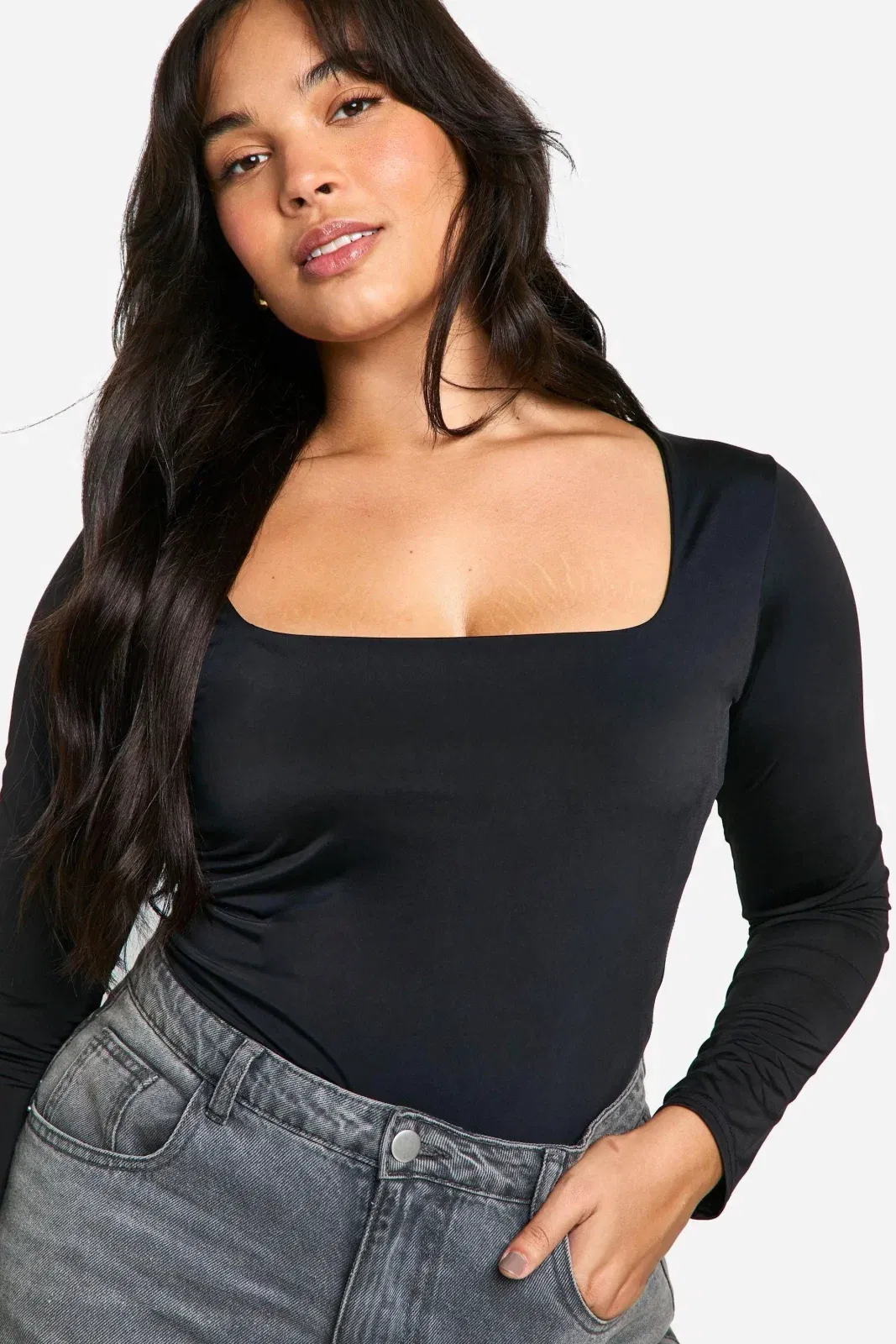Boohoo Basics Plus Double Layer Slinky Square Neck Bodysuit