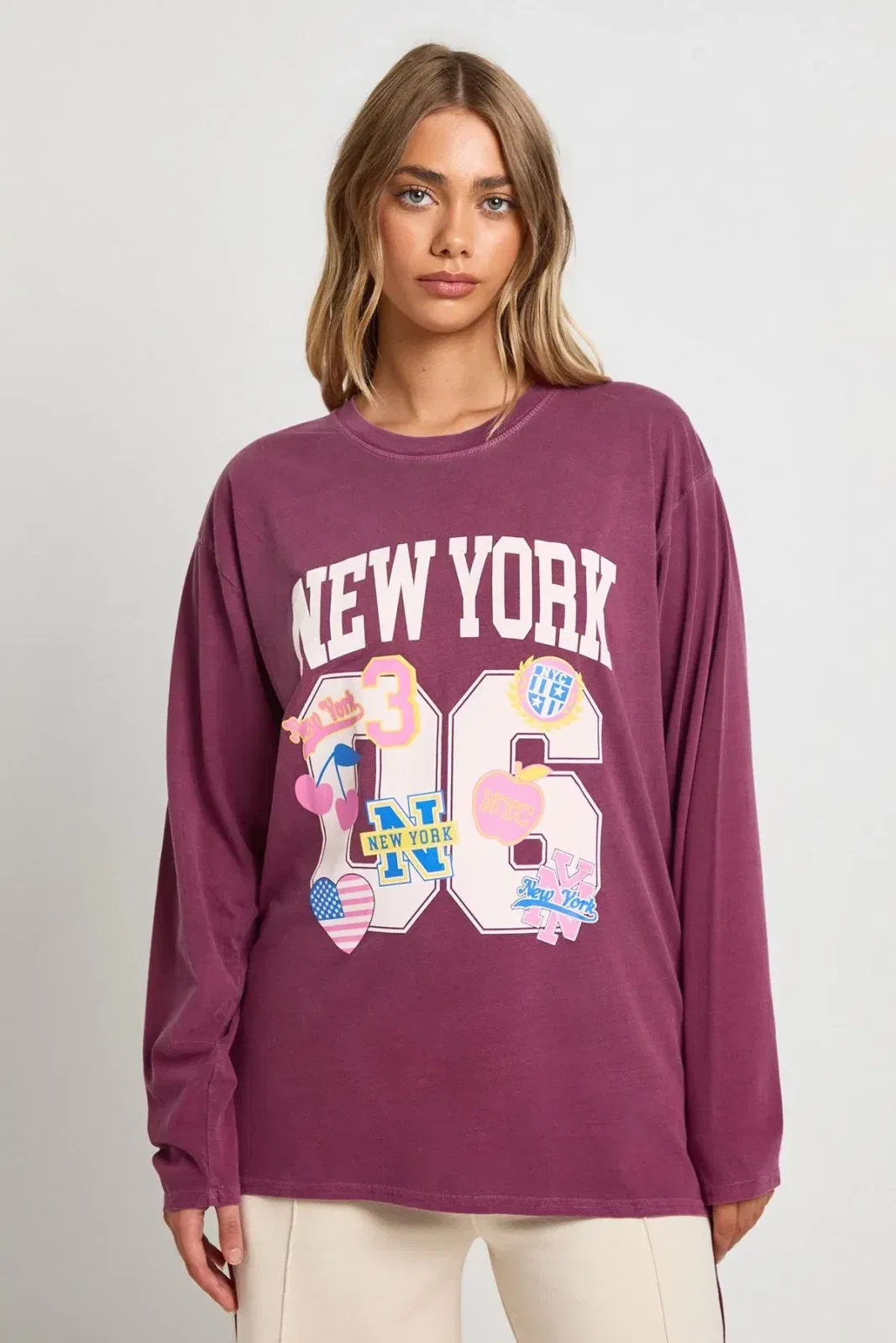 Stickered Varsity Printed Oversized Long Sleeve T-Shirt
