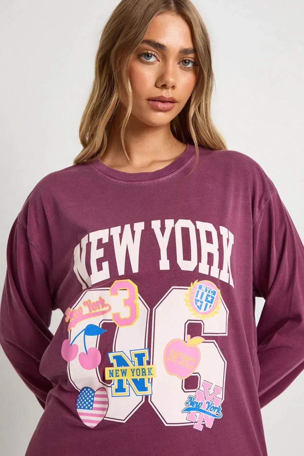 Stickered Varsity Printed Oversized Long Sleeve T-Shirt