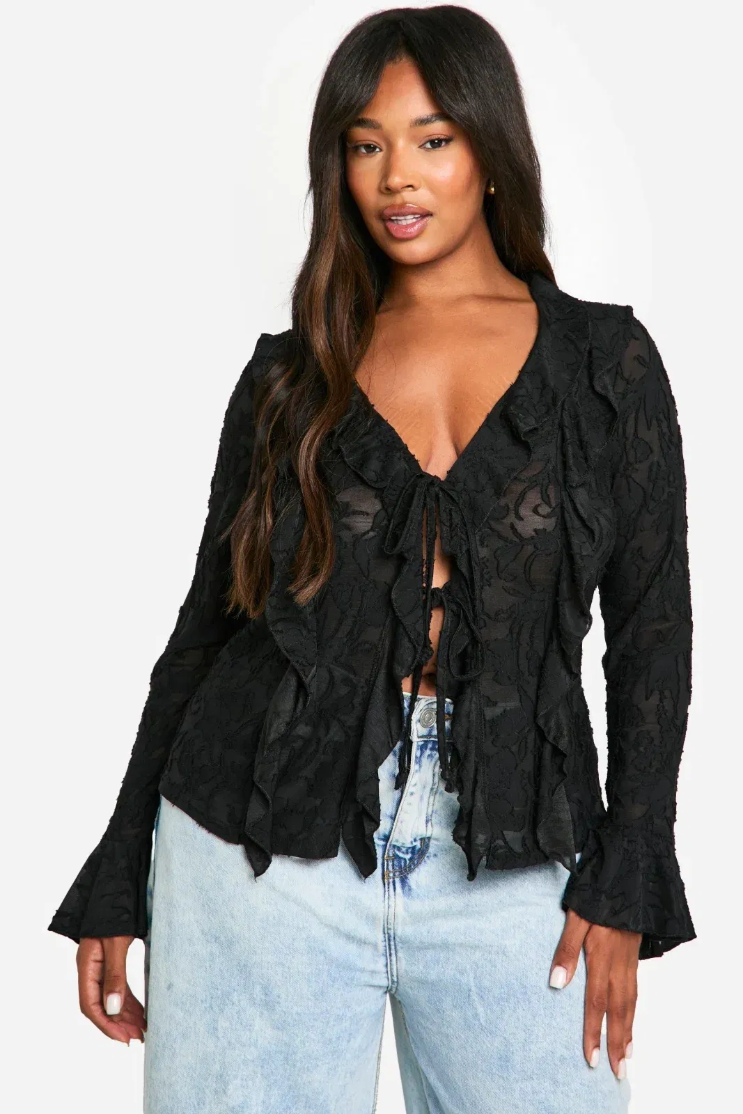 Plus Burnout Double Ruffle Tie Front Blouse