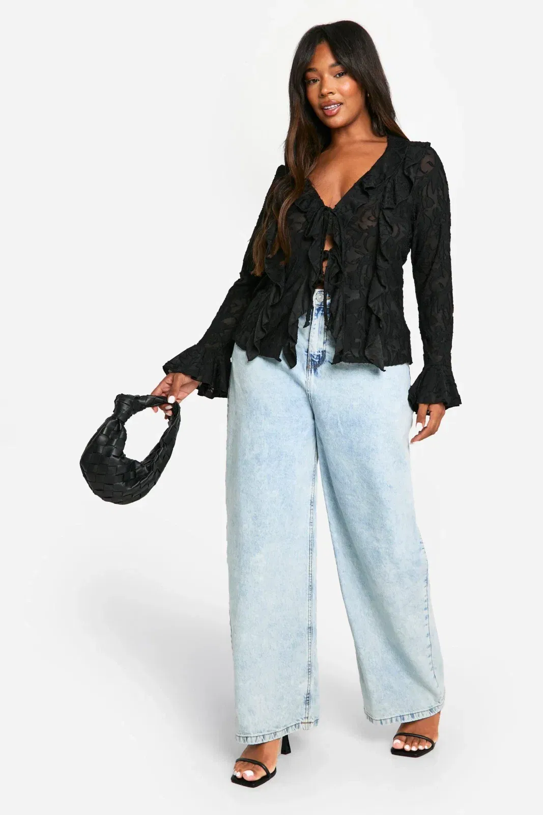 Plus Burnout Double Ruffle Tie Front Blouse