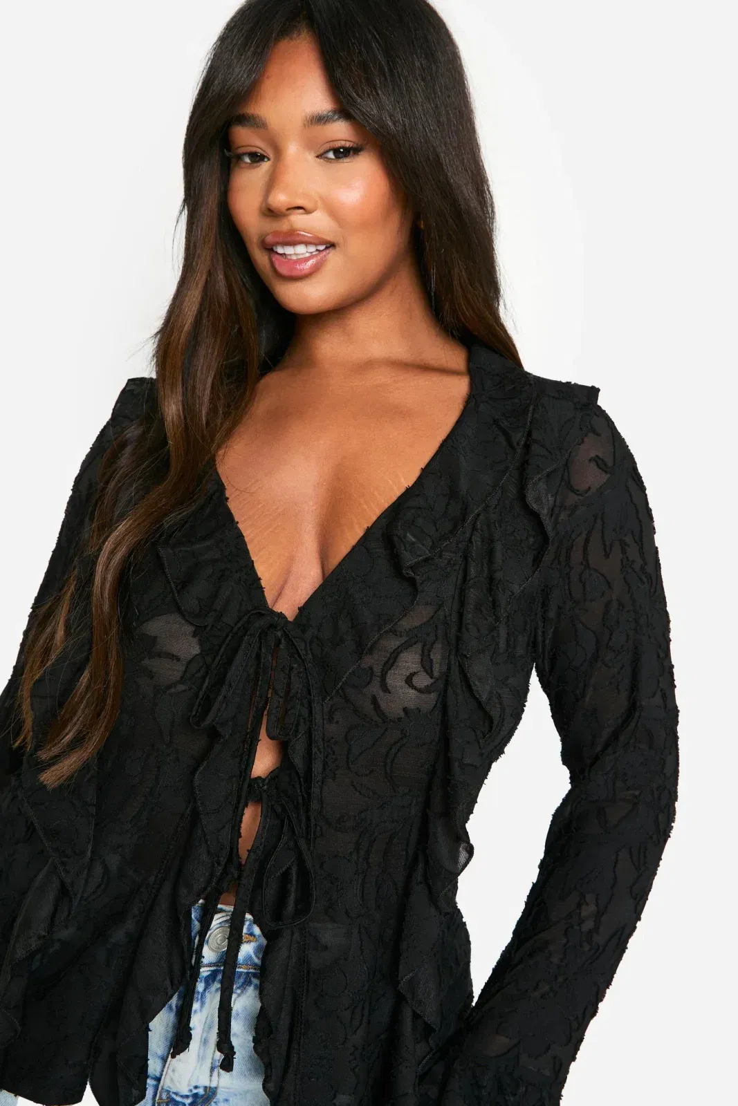 Plus Burnout Double Ruffle Tie Front Blouse