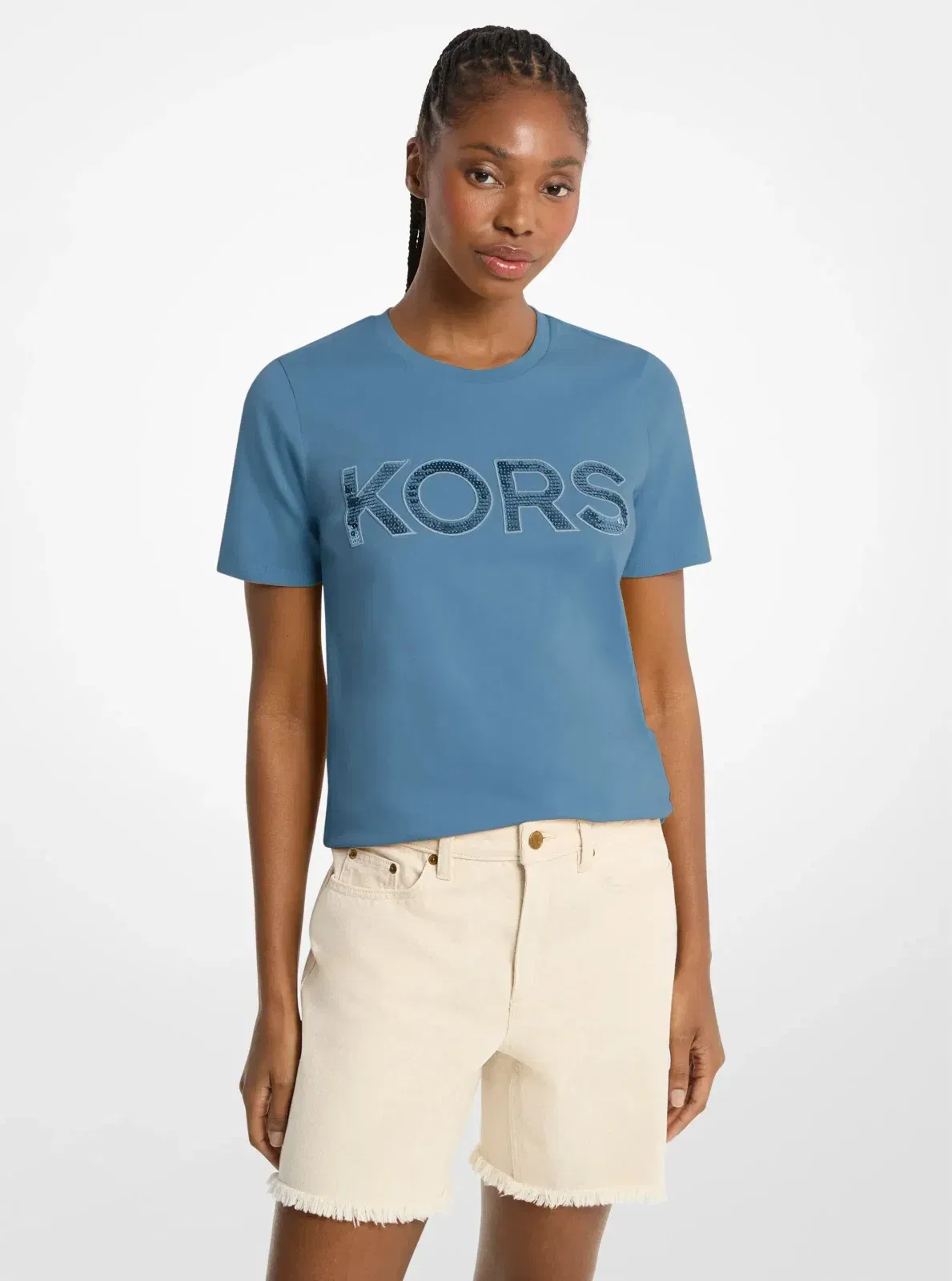 Michael Kors Sequined Logo Cotton T-Shirt DK CHAMBRAY