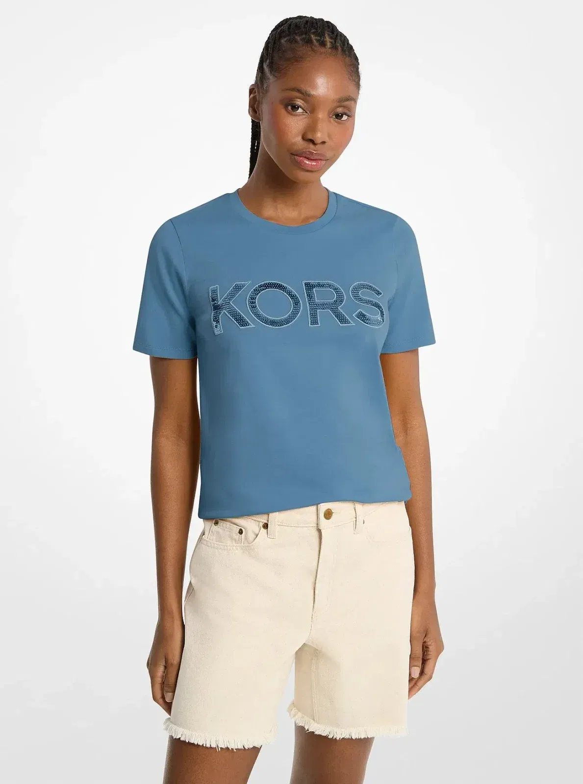 Michael Kors Sequined Logo Cotton T-Shirt DK CHAMBRAY