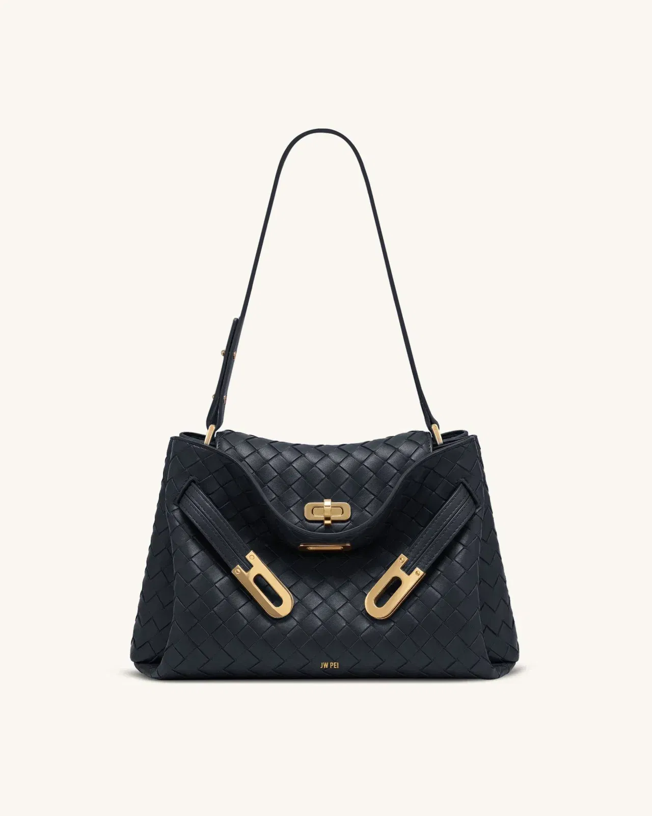 Rhea Woven Texture Double Buckle Shoulder Bag - Navy Blue