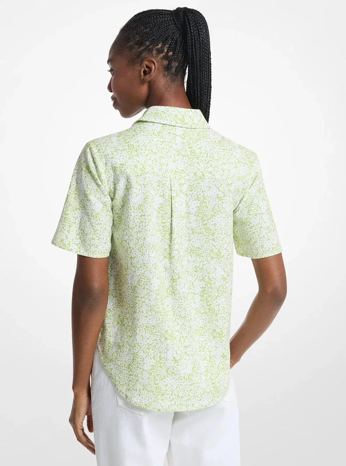 Michael Kors Floral Print Linen Blend Camp Shirt LIME