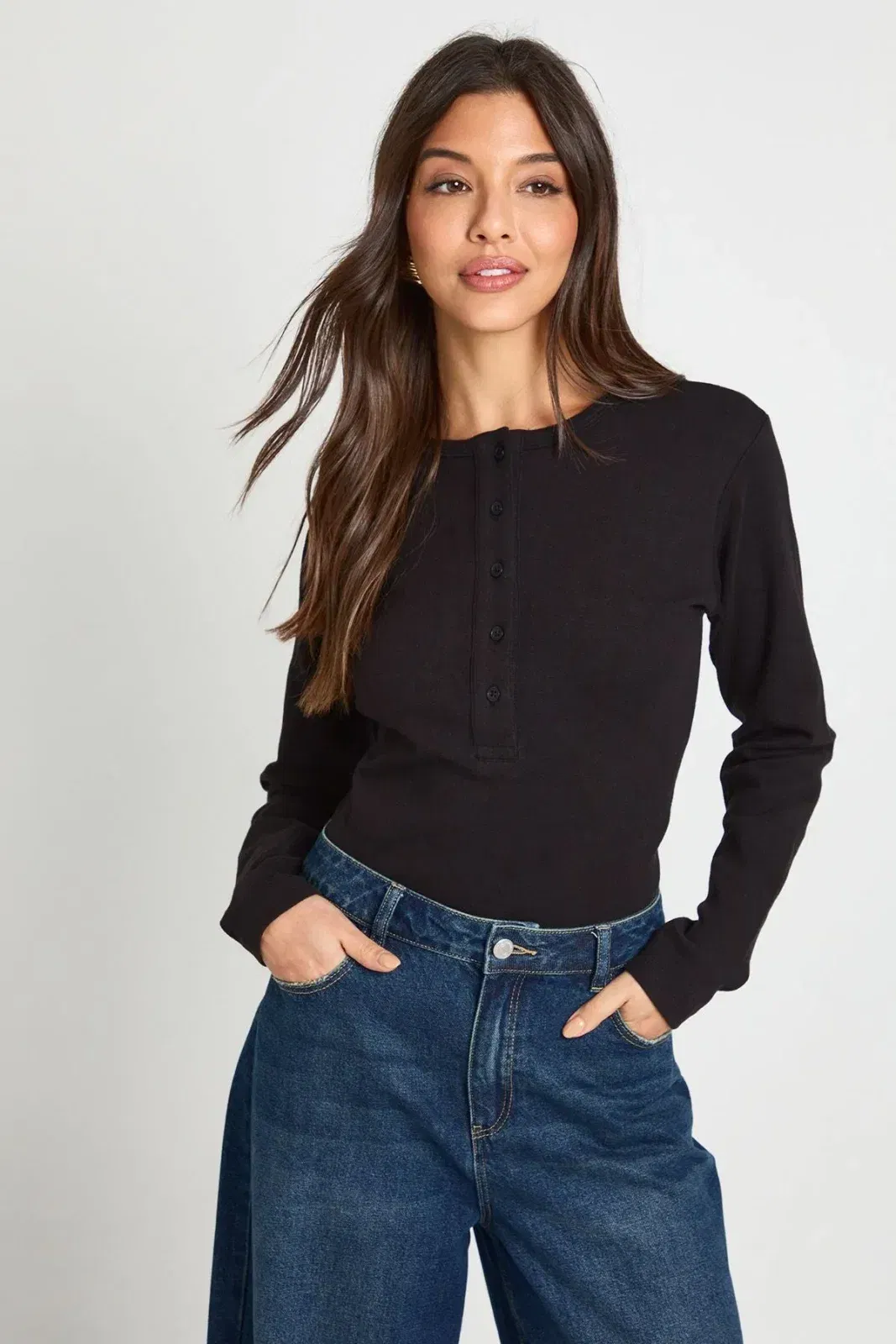 Cotton Henley Button Front Long Sleeve Top