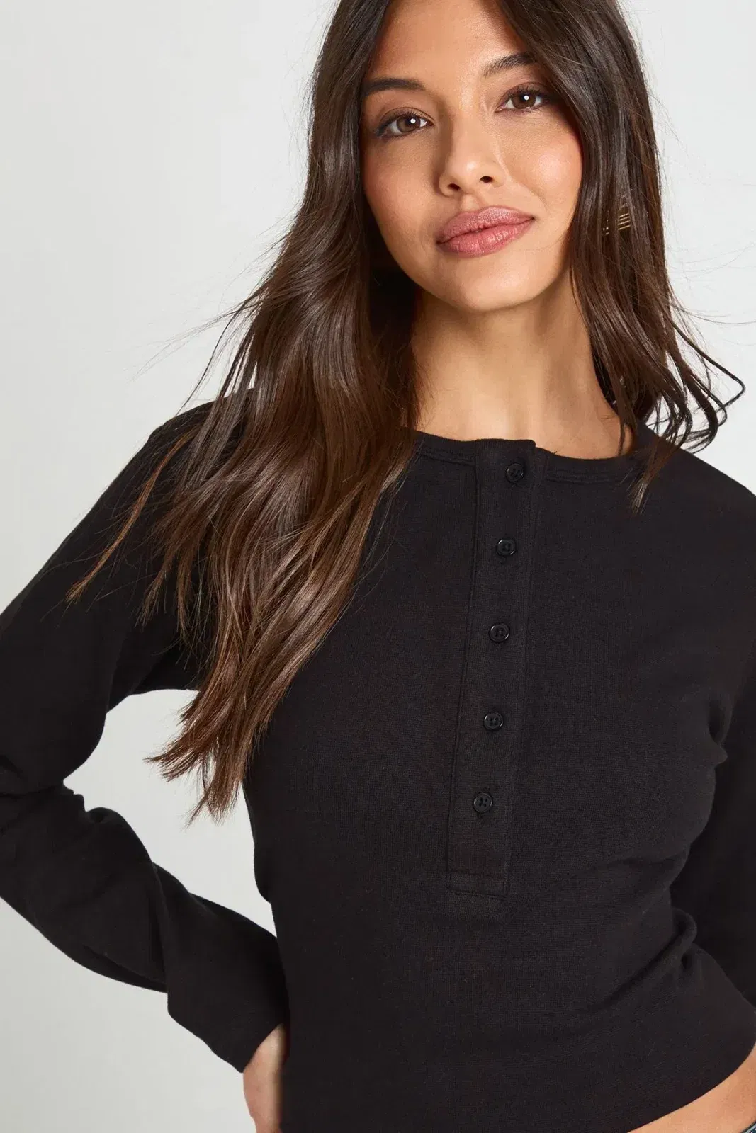 Cotton Henley Button Front Long Sleeve Top