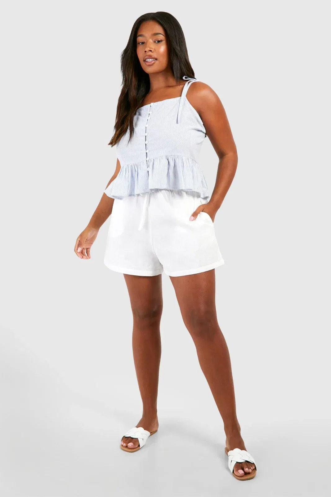 Plus Woven Pinstripe Tie Strap Frill Hem Top