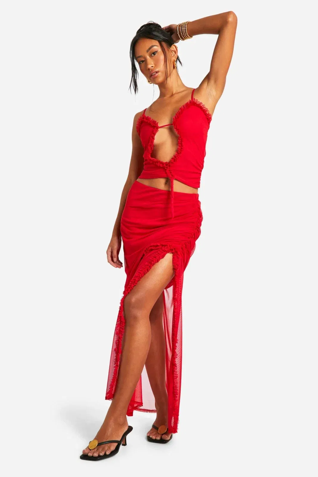 Ruffle Ruched Mesh Maxi Skirt