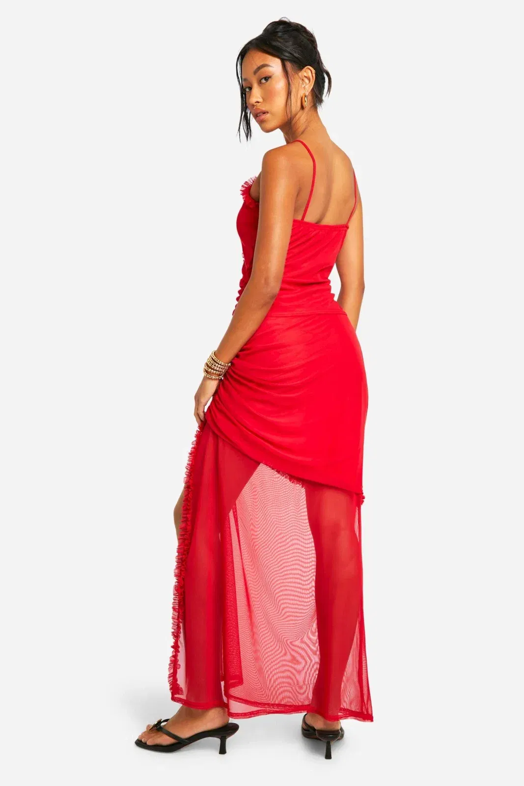 Ruffle Ruched Mesh Maxi Skirt