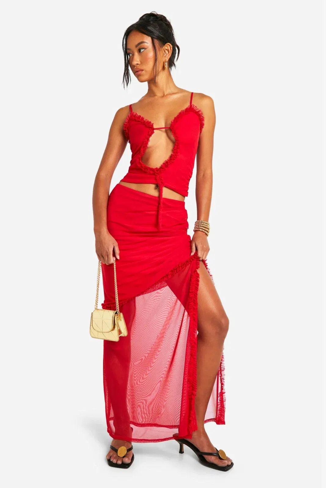 Ruffle Ruched Mesh Maxi Skirt