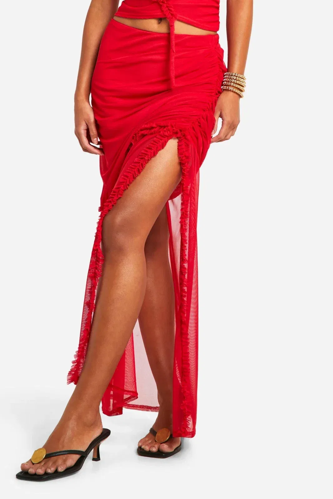 Ruffle Ruched Mesh Maxi Skirt