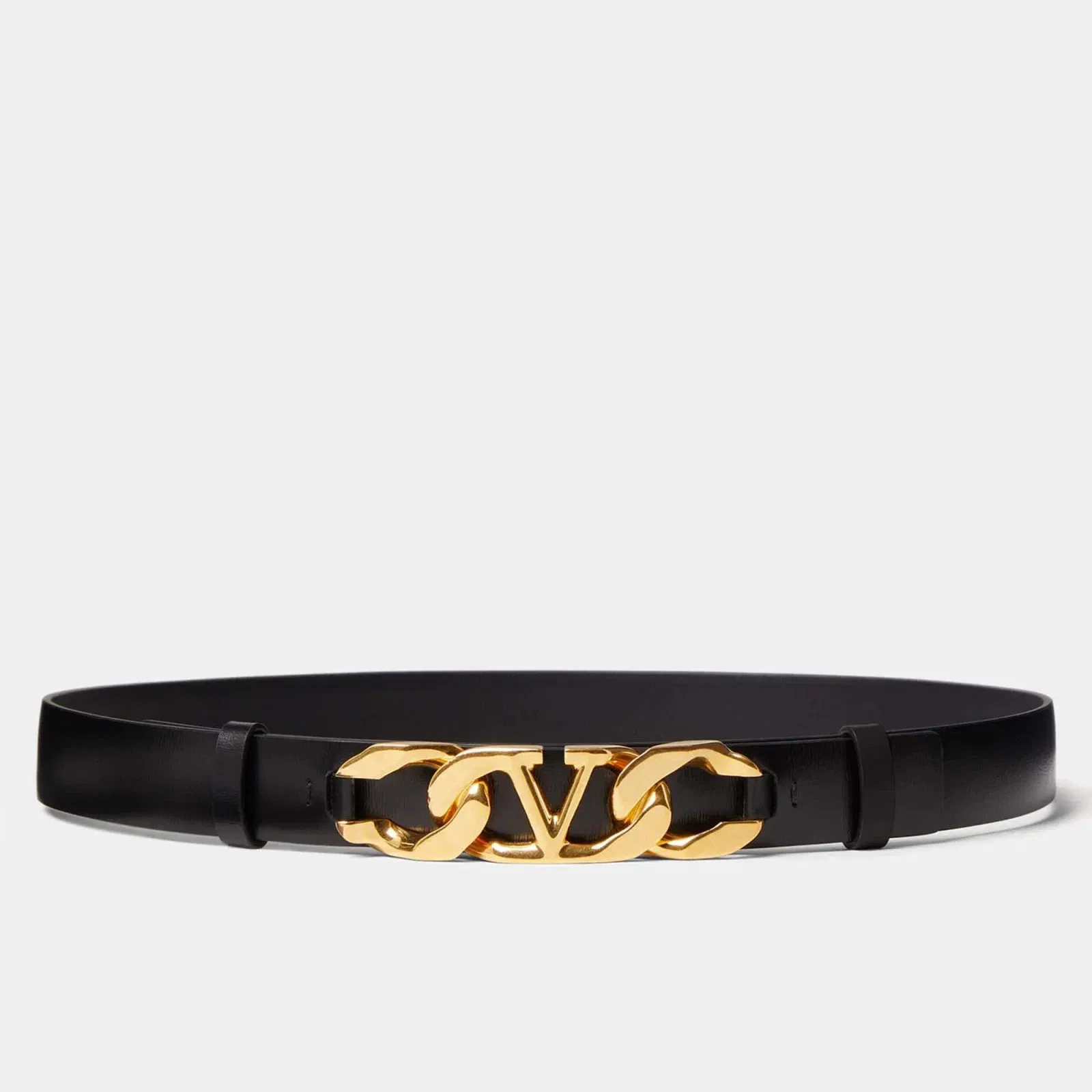 Valentino Black Leather VLogo Chain Buckle Belt