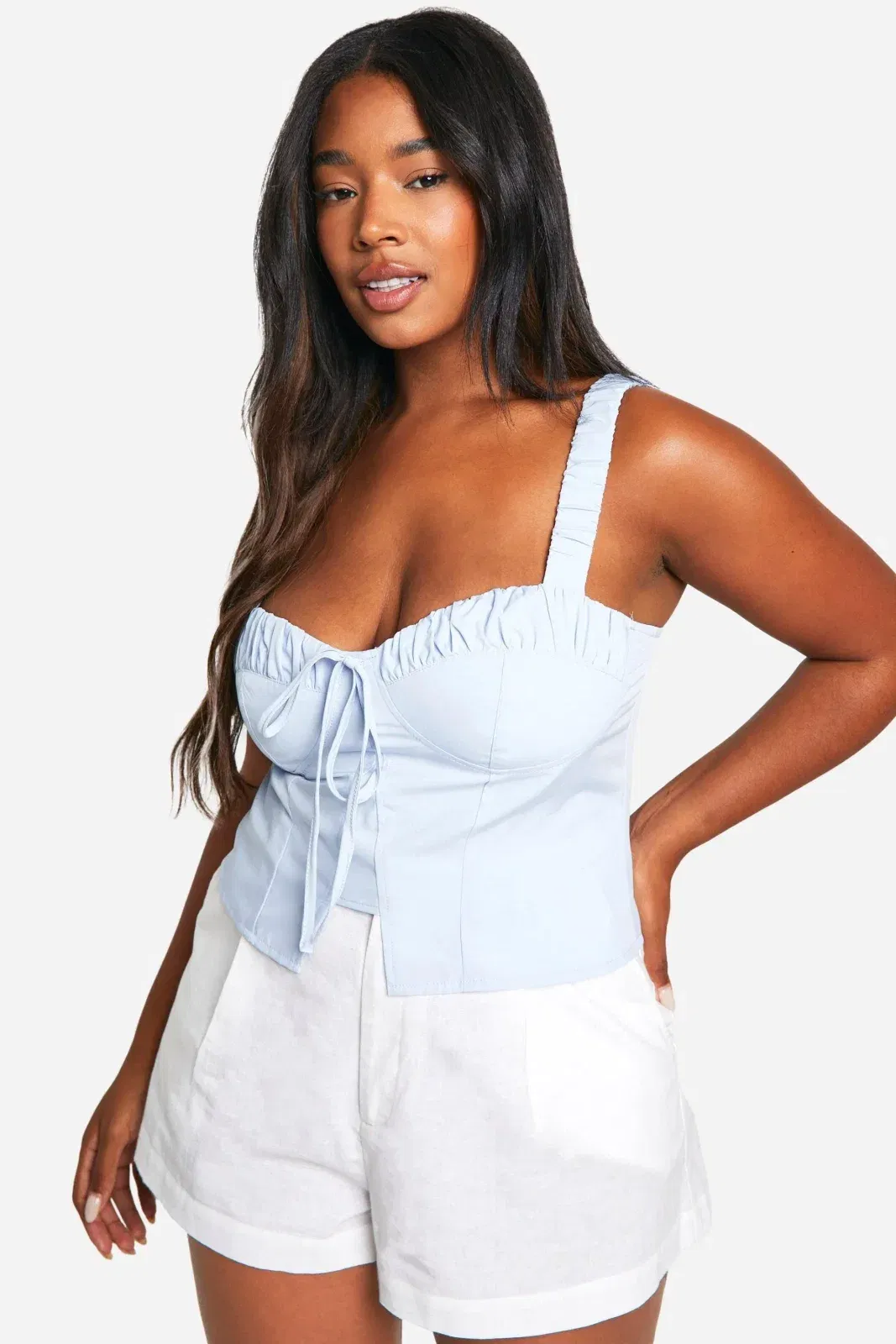 Plus Ruched Tie Front Split Hem Corset Top