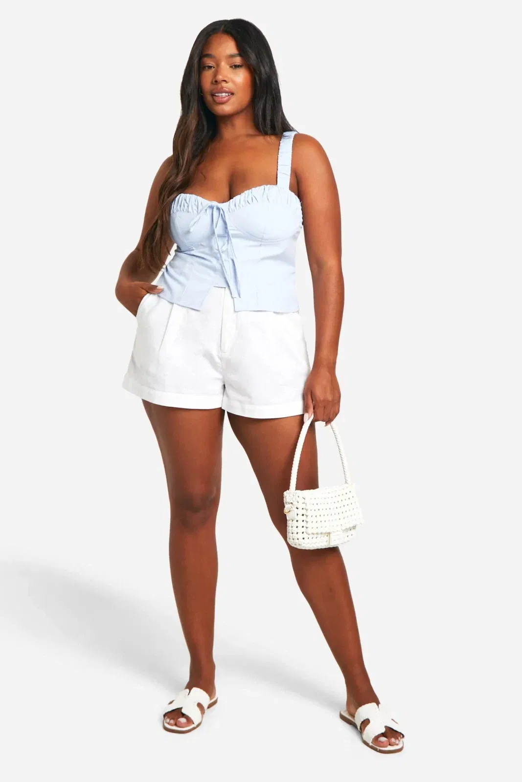 Plus Ruched Tie Front Split Hem Corset Top