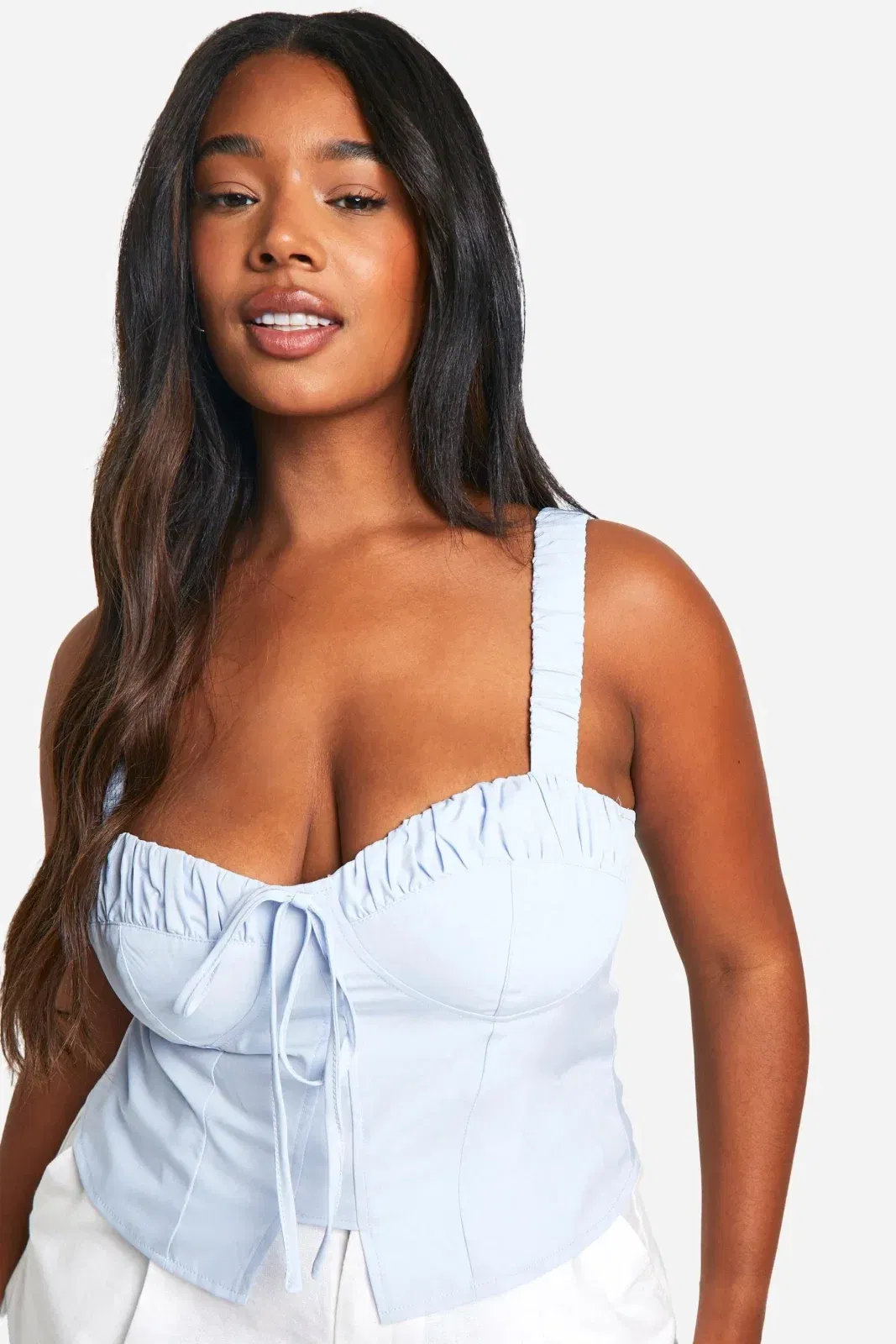 Plus Ruched Tie Front Split Hem Corset Top