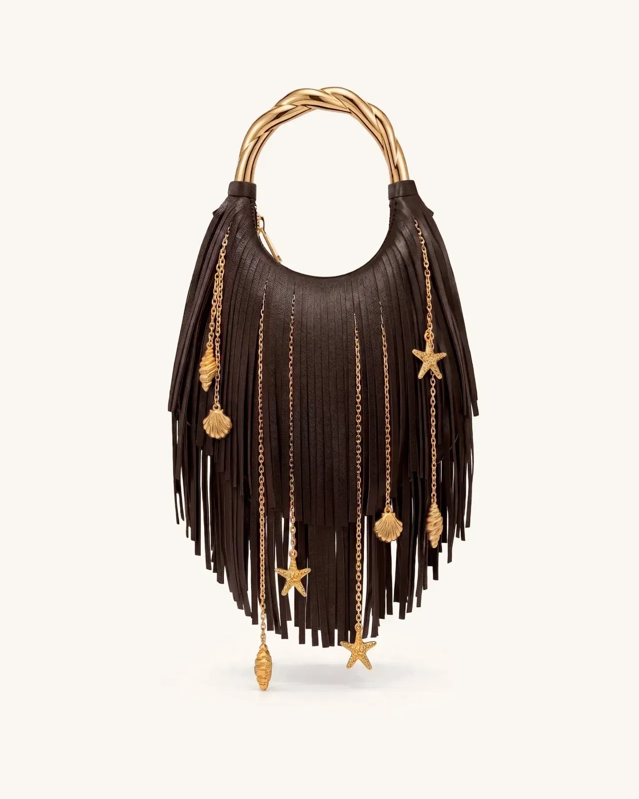 Chloe Metal Handle Fringe Top Handbag - Navy Blue