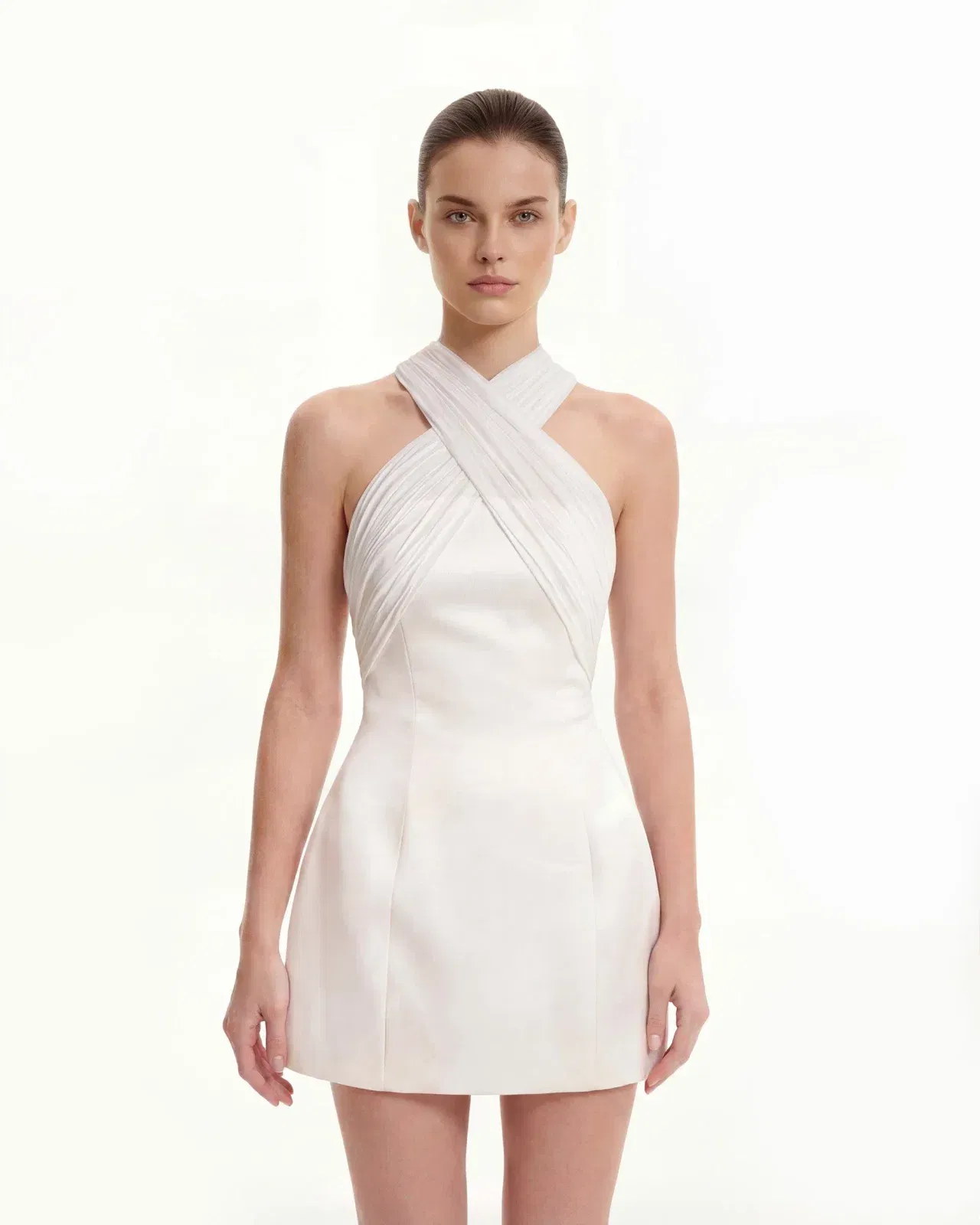 Satin Mini Dress with Tulle Cross-Halter - Blue