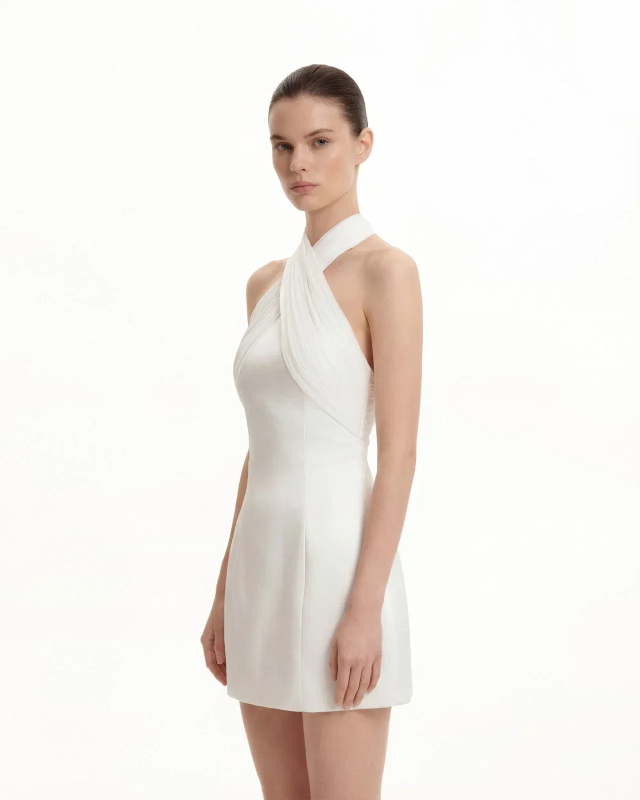 Satin Mini Dress with Tulle Cross-Halter - Blue