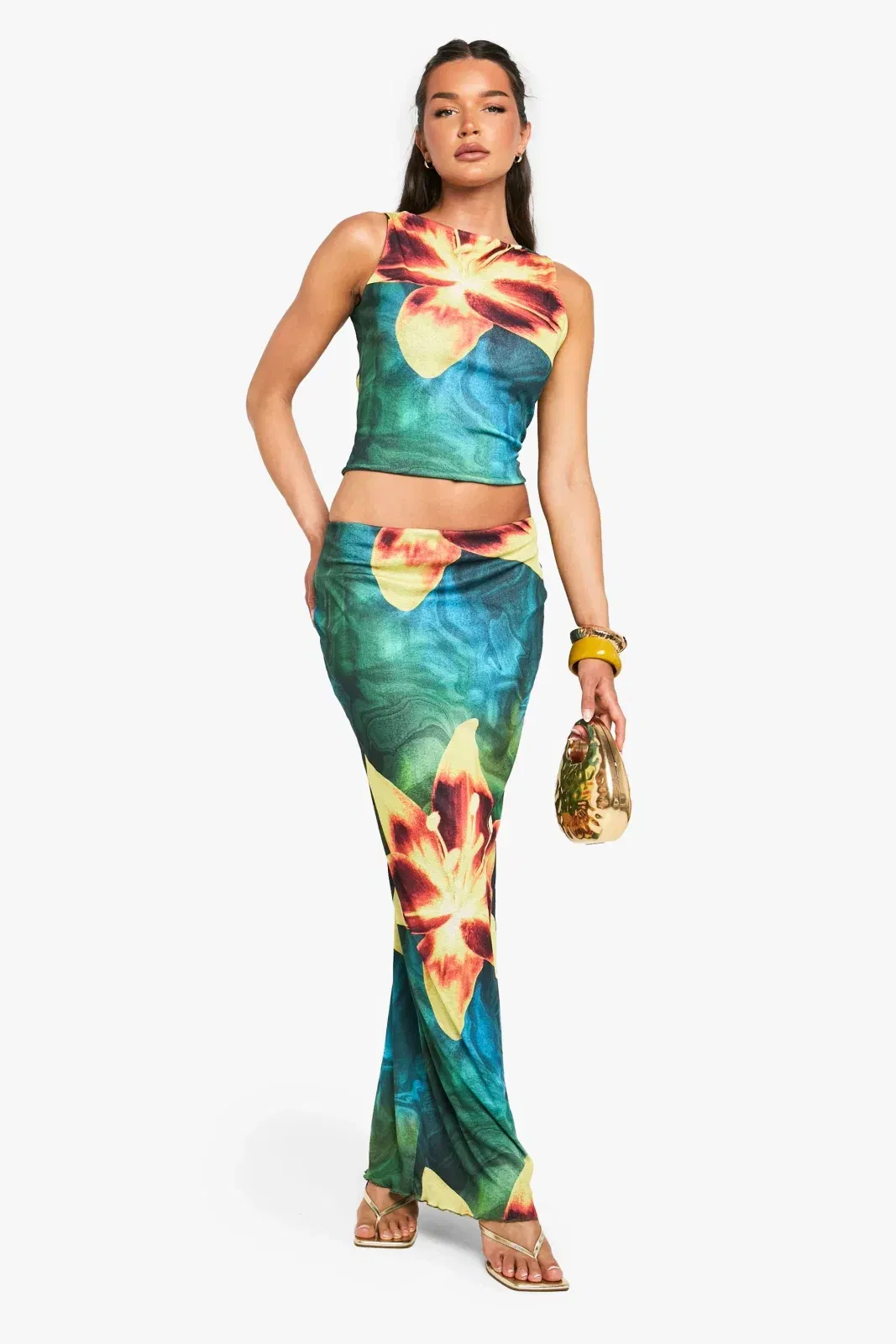 Floral Printed Mesh Column Maxi Skirt