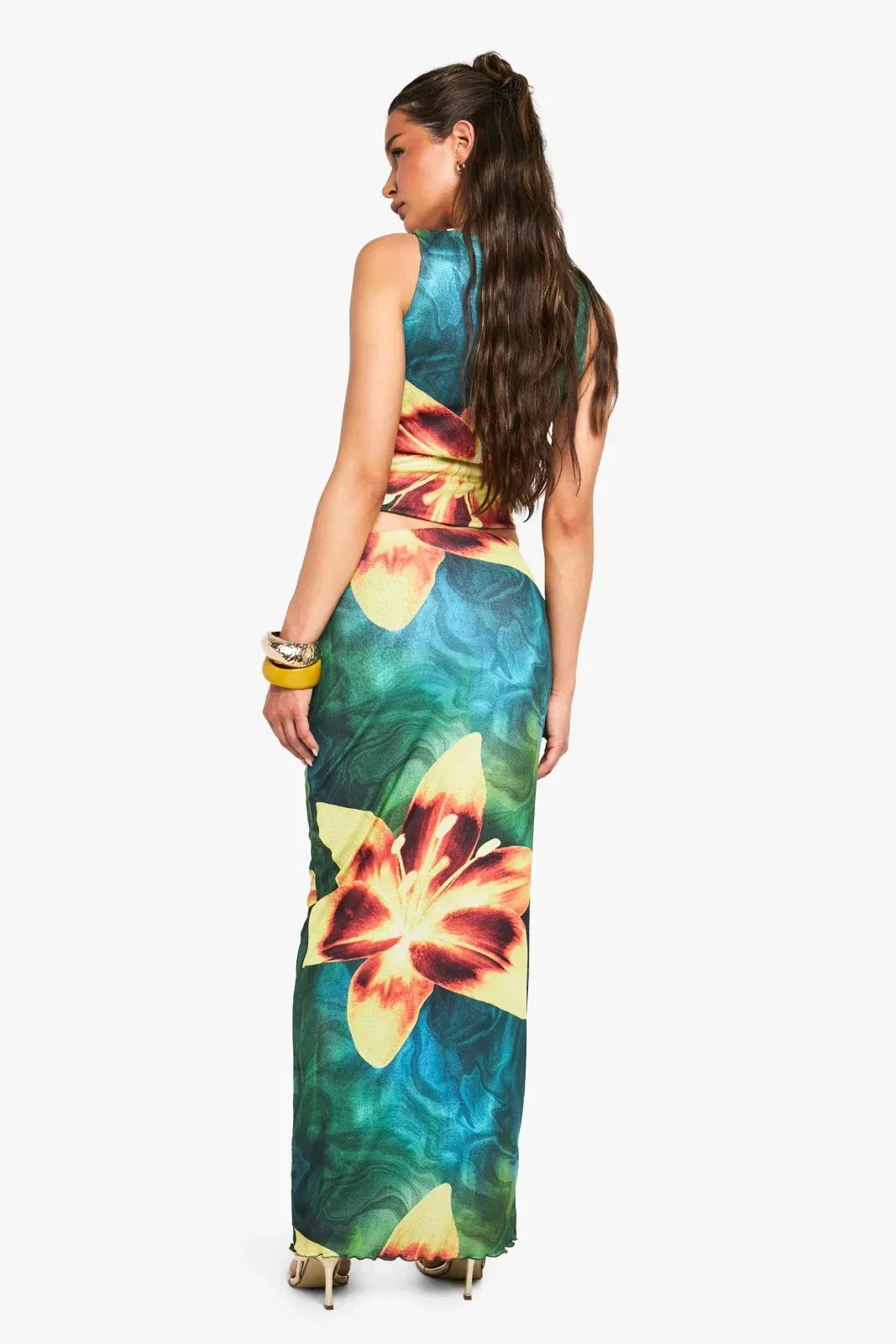 Floral Printed Mesh Column Maxi Skirt