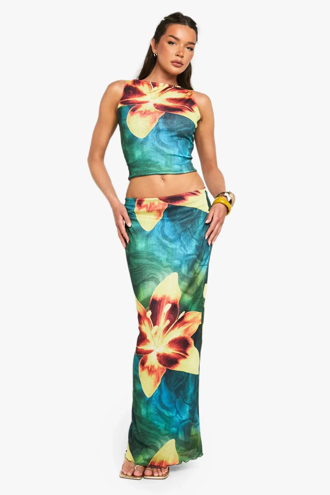 Floral Printed Mesh Column Maxi Skirt