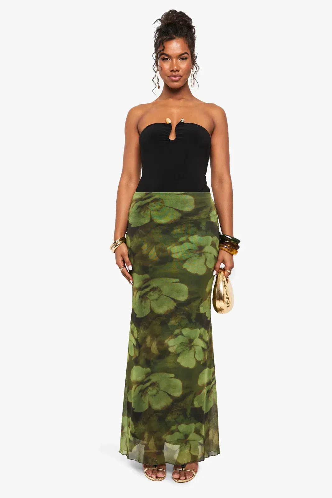 Floral Printed Mesh Column Maxi Skirt