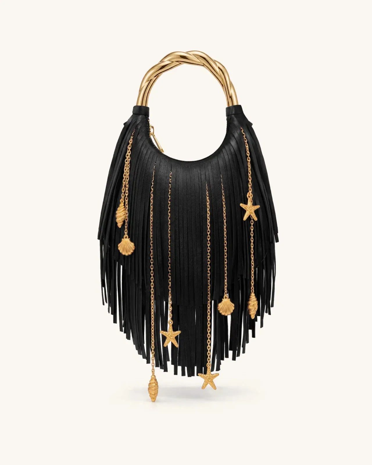 Chloe Metal Handle Fringe Top Handbag - Black