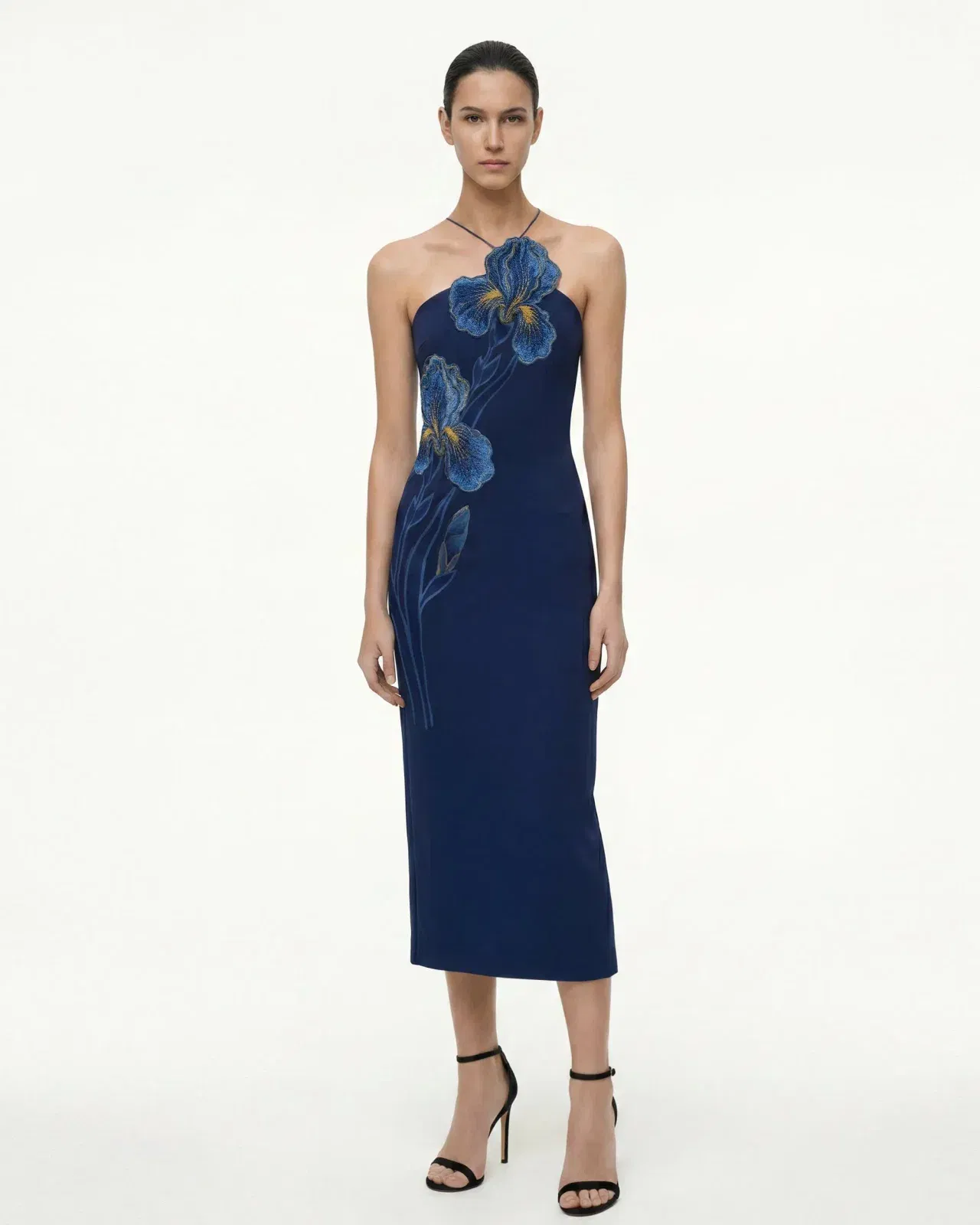 Iris Embroidered Halter Midi Dress - Navy Blue