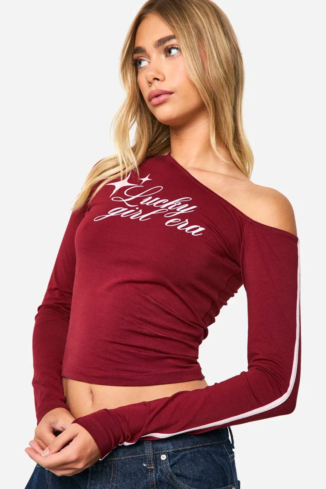 Off Shoulder Stripe Sleeve Top With Print