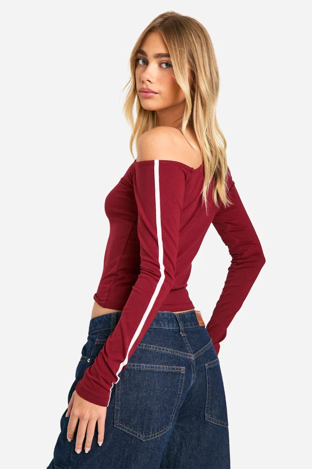 Off Shoulder Stripe Sleeve Top With Print