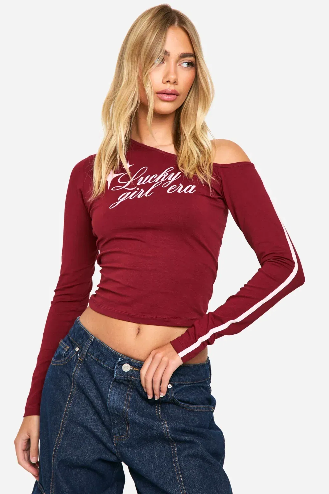 Off Shoulder Stripe Sleeve Top With Print