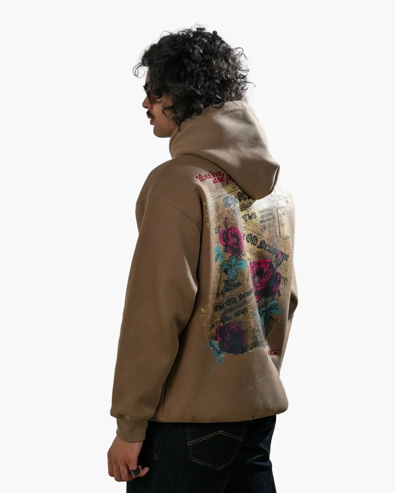Love Me More - Khaki Printed Oversized Hoodie