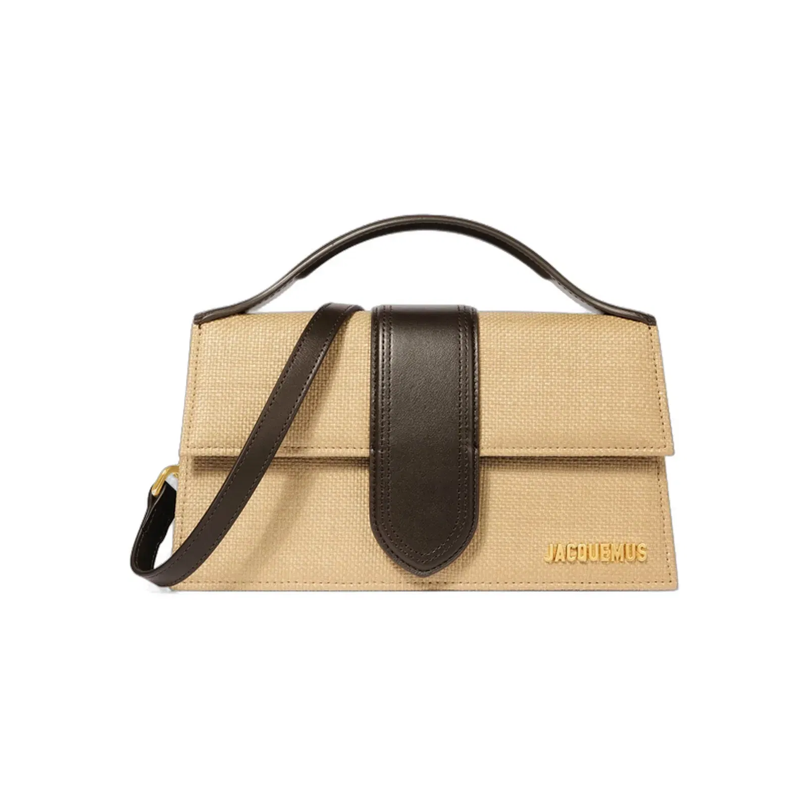Jacquemus The Large Bambino Structured Bag In Woven Raffia-Effect With Smooth Leather Trim Natural / Dark Brown