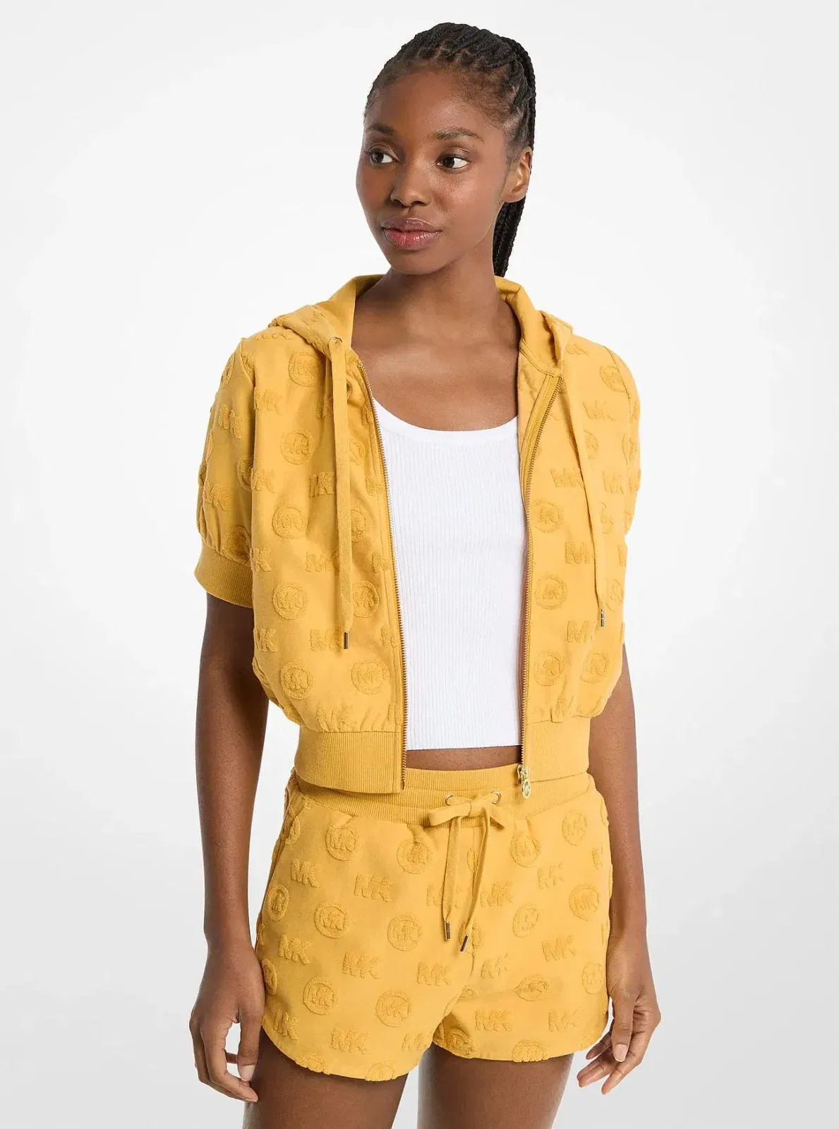 Michael Kors Logo Jacquard Terry Short-Sleeve Jacket HONEYWHEAT