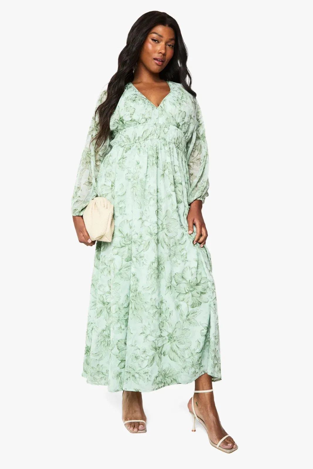 Plus Floral Chiffon Ruched Blouson Sleeve Maxi Dress