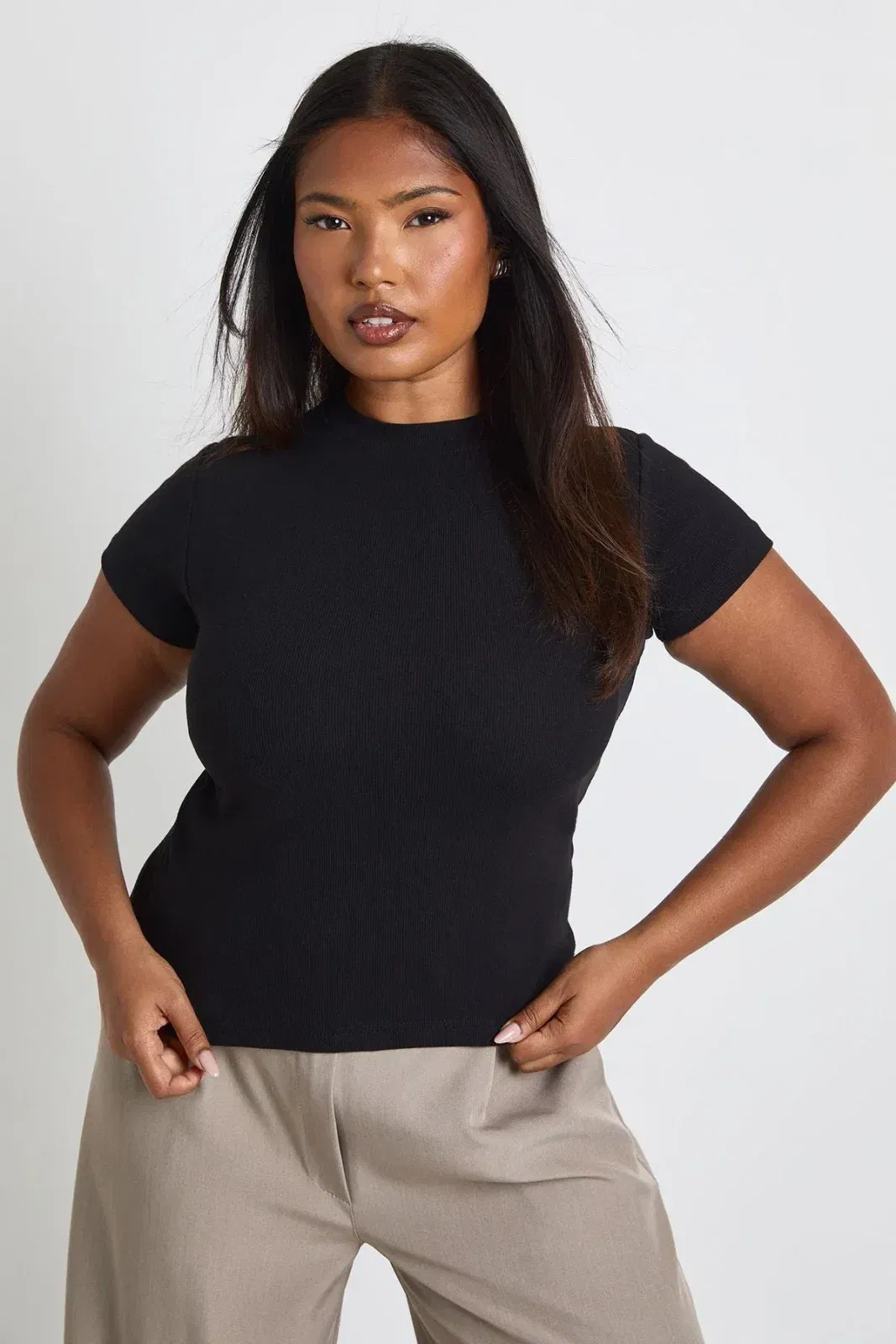 Plus Basic Rib Short Sleeve Fitted Top