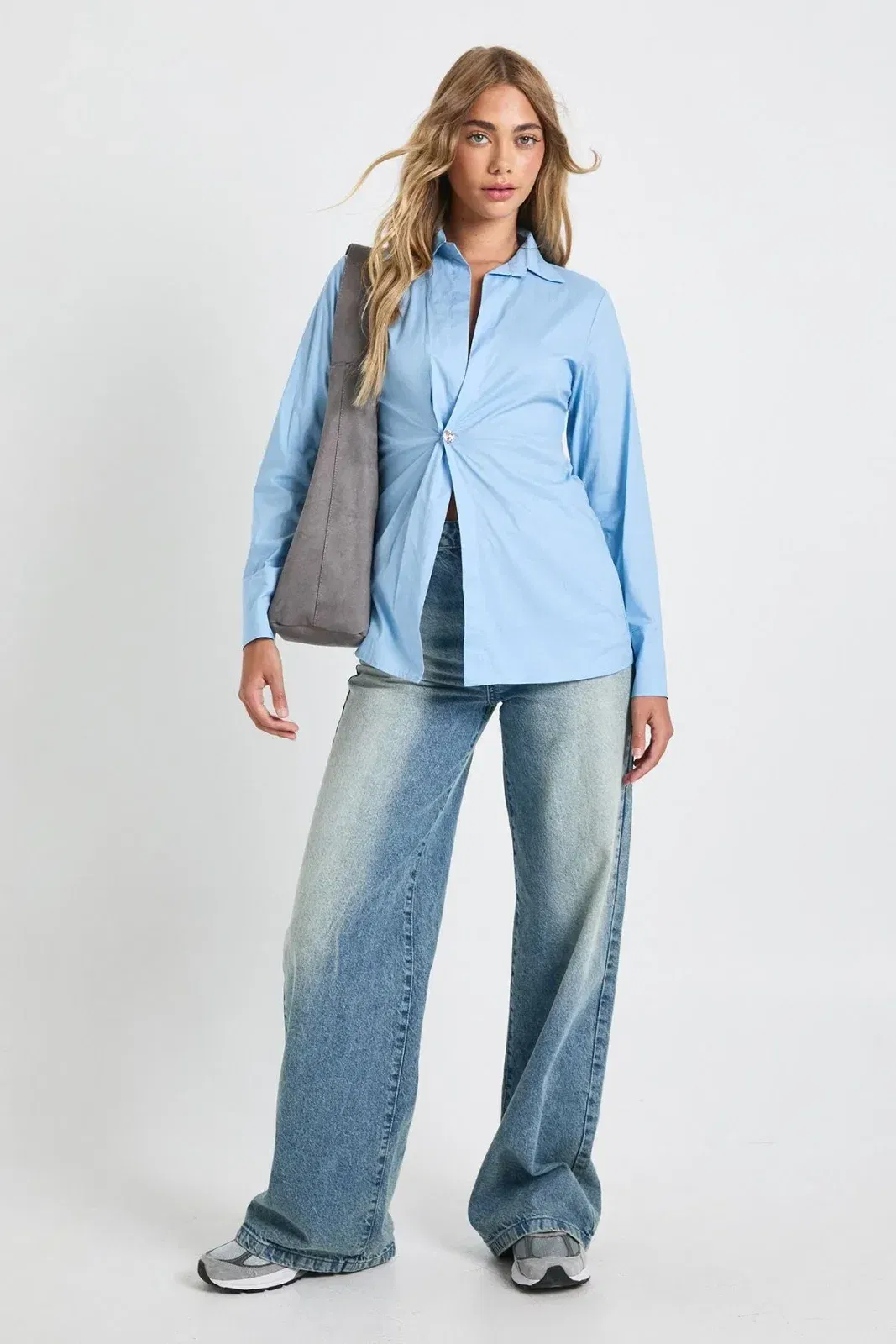 Woven Gold Button Asymmetric Shirt