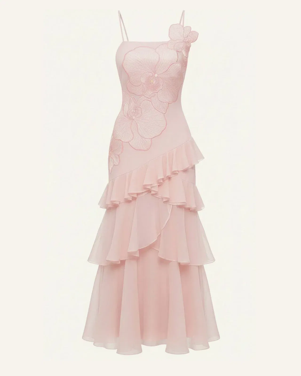 Orchid Embroidered Ruffled One-Shoulder Maxi Dress - Blush Pink