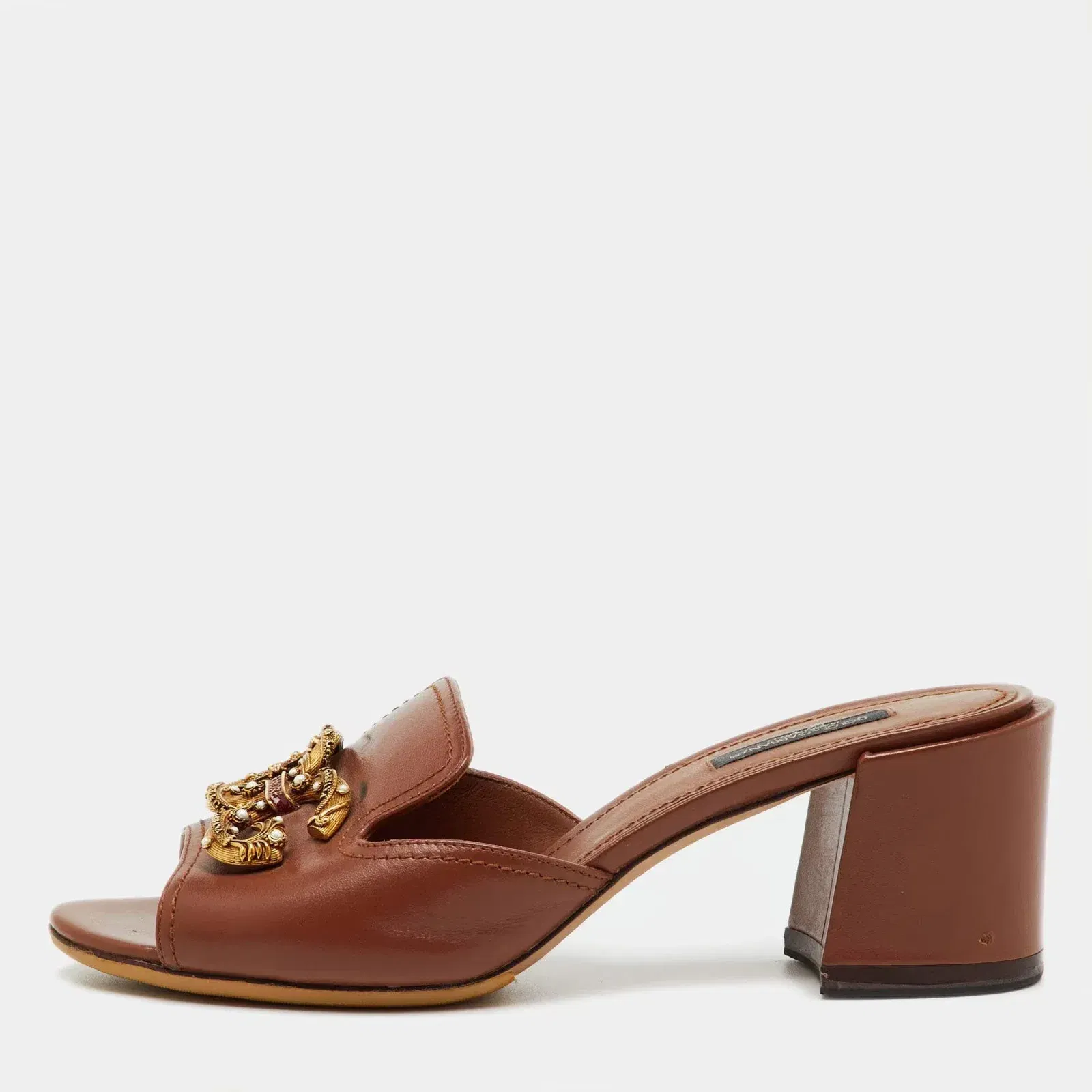 Dolce & Gabbana Brown Leather DG Amore Block Heel Slide