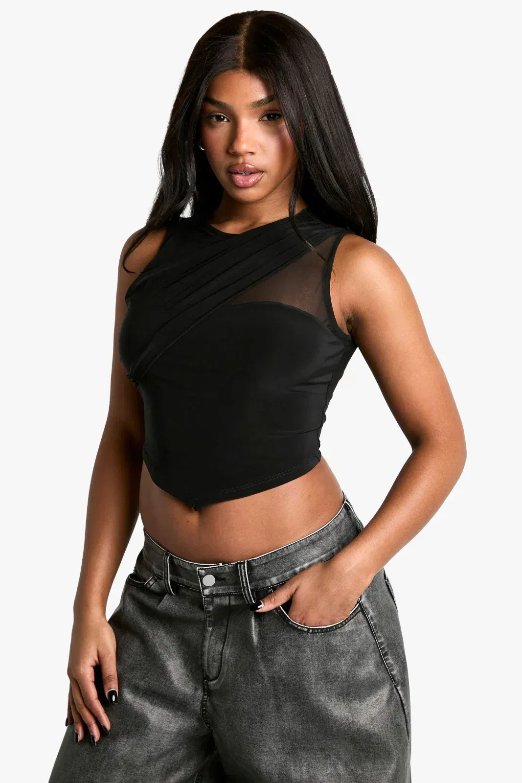 Double Layer Slinky Mesh Insert Pointed Hem Top