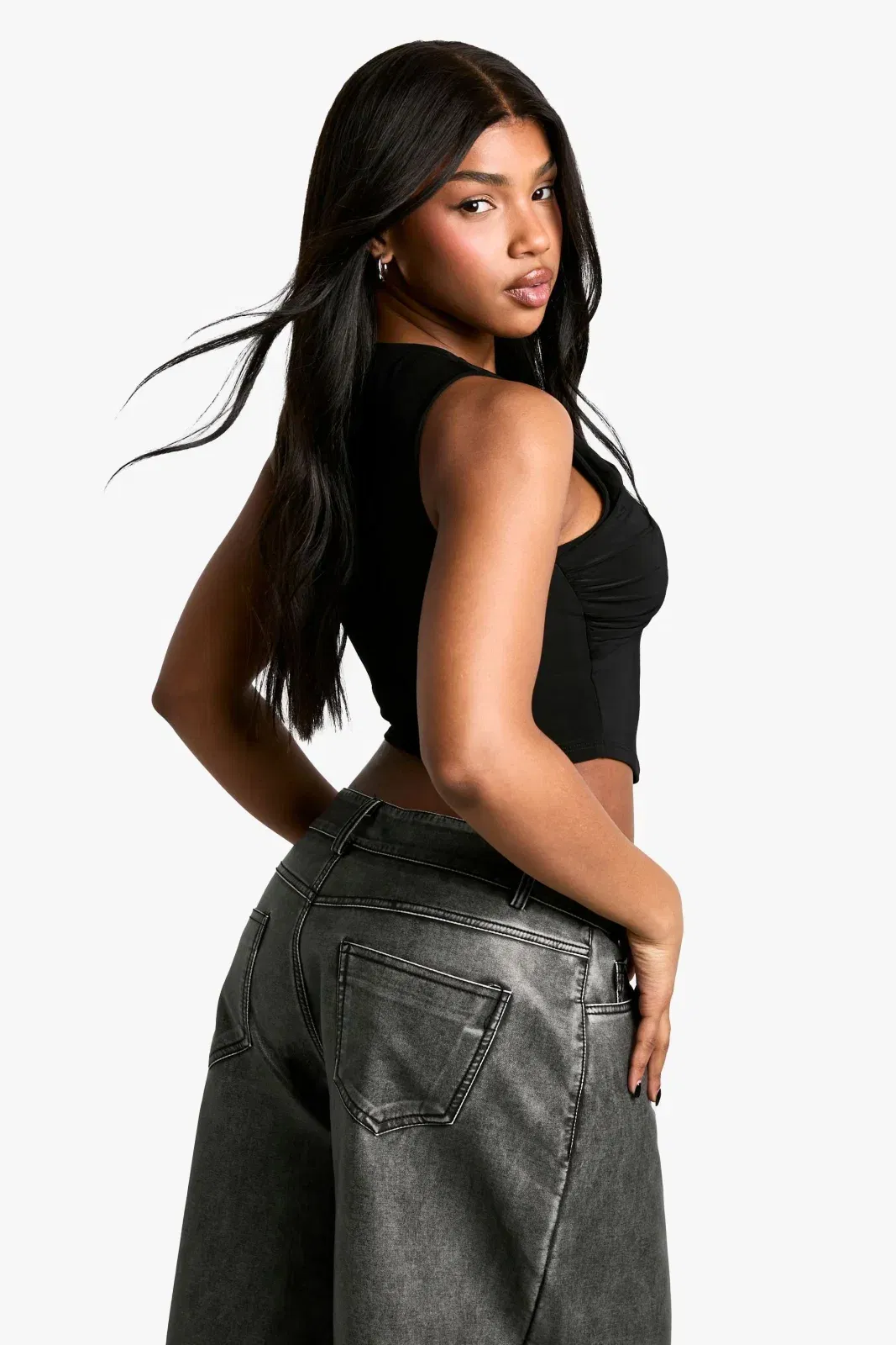 Double Layer Slinky Mesh Insert Pointed Hem Top
