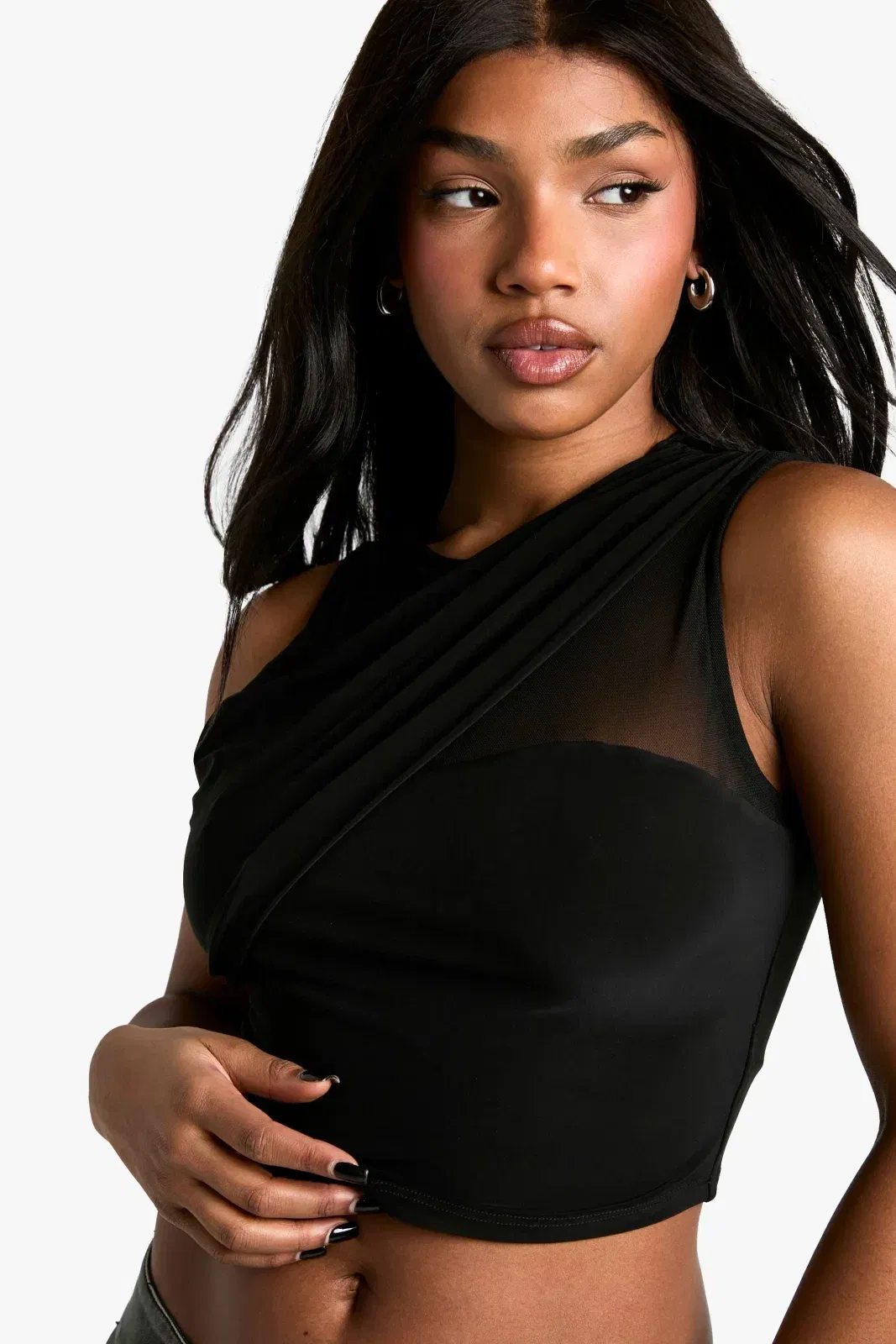 Double Layer Slinky Mesh Insert Pointed Hem Top