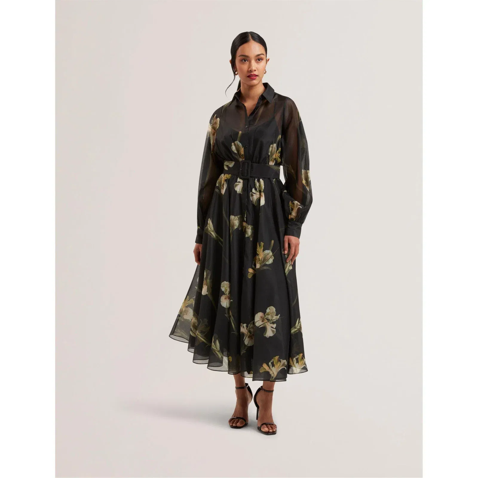 Liorral Printed Organza Belted Maxi Shirt Dress