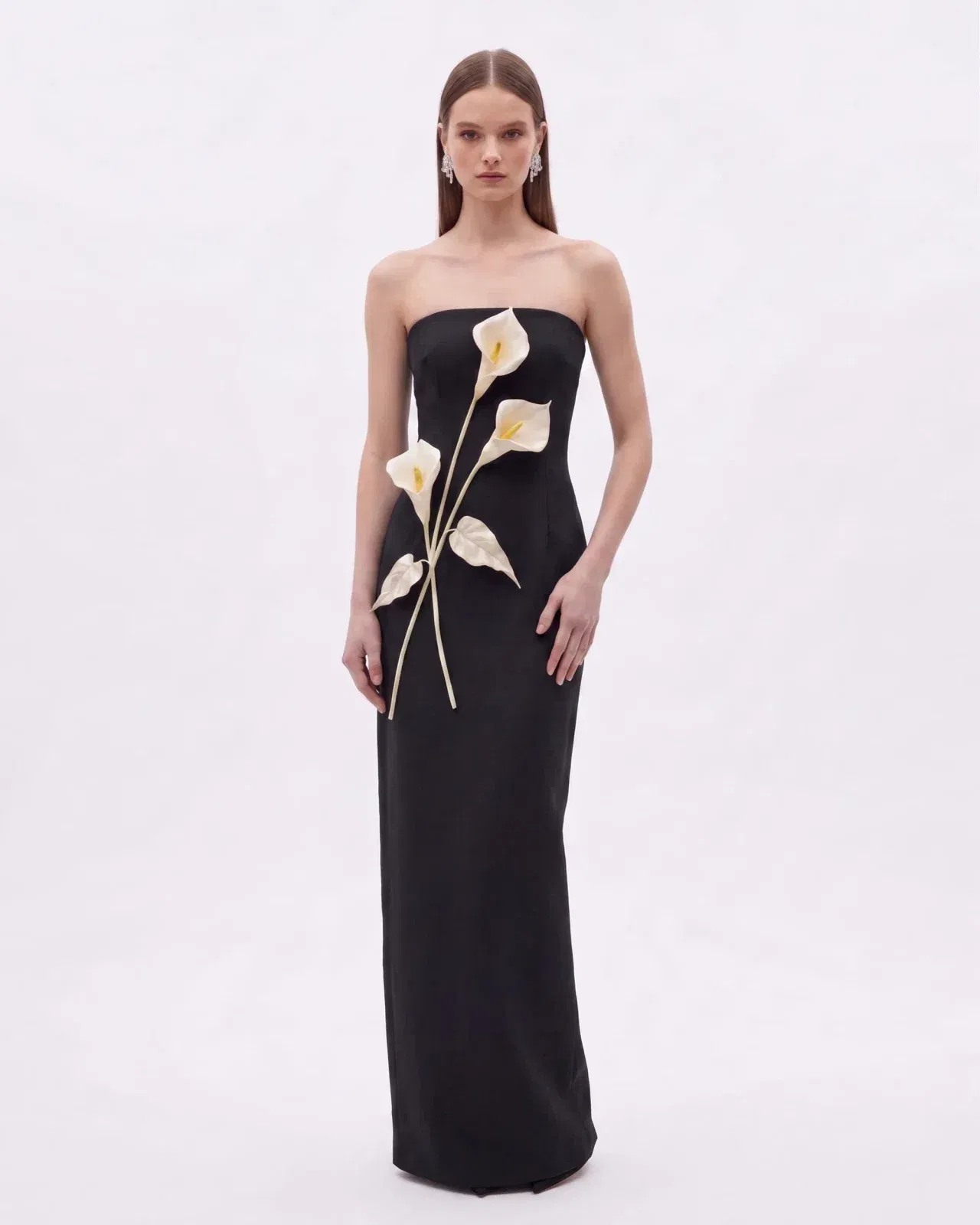 Floral Appliqué Strapless Dress - Cream Ivory